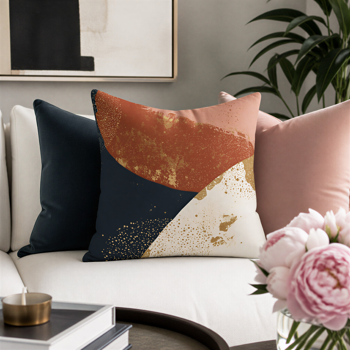 a living room with a white sofa adorned with three throw pillows in various colors and patterns, including a large orange and white pillow with gold glitter accents. In the foreground, there is a vase with pink flowers, and a stack of books is visible on the floor.