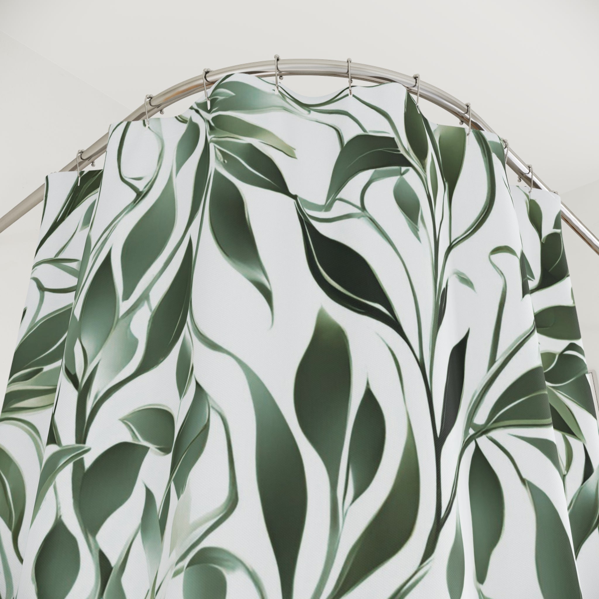 Boho Shower Curtain | Sage Green, White Leaves