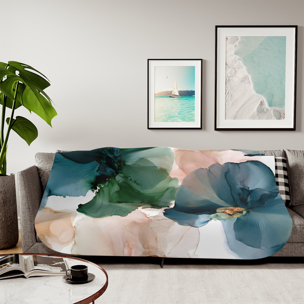a living room with a couch covered in a blanket