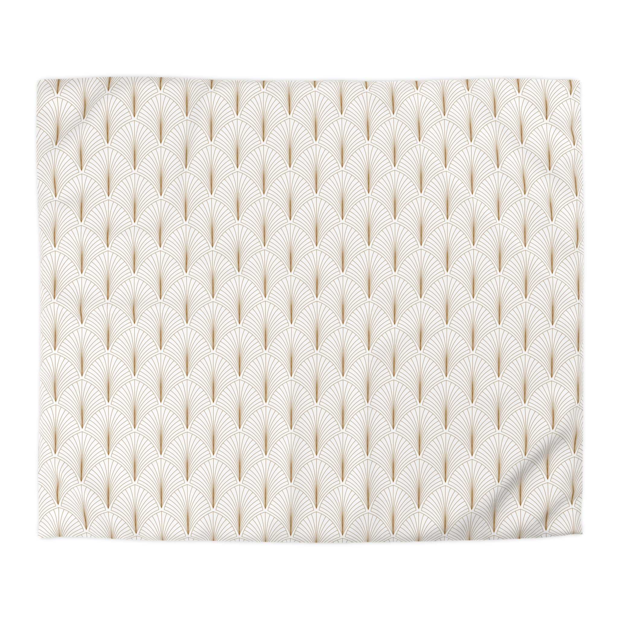 a repeating pattern of gold and white fan-like shapes on a white background.