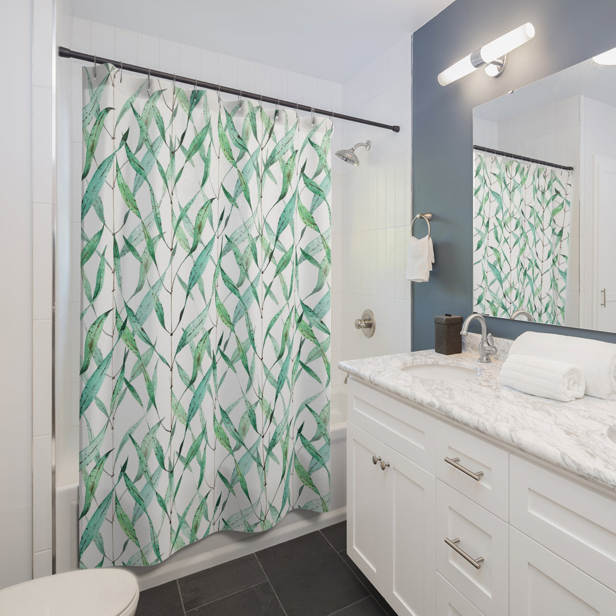 Aqua Mint Watercolor Bamboo Shower Curtain, Bath Curtain 71x74