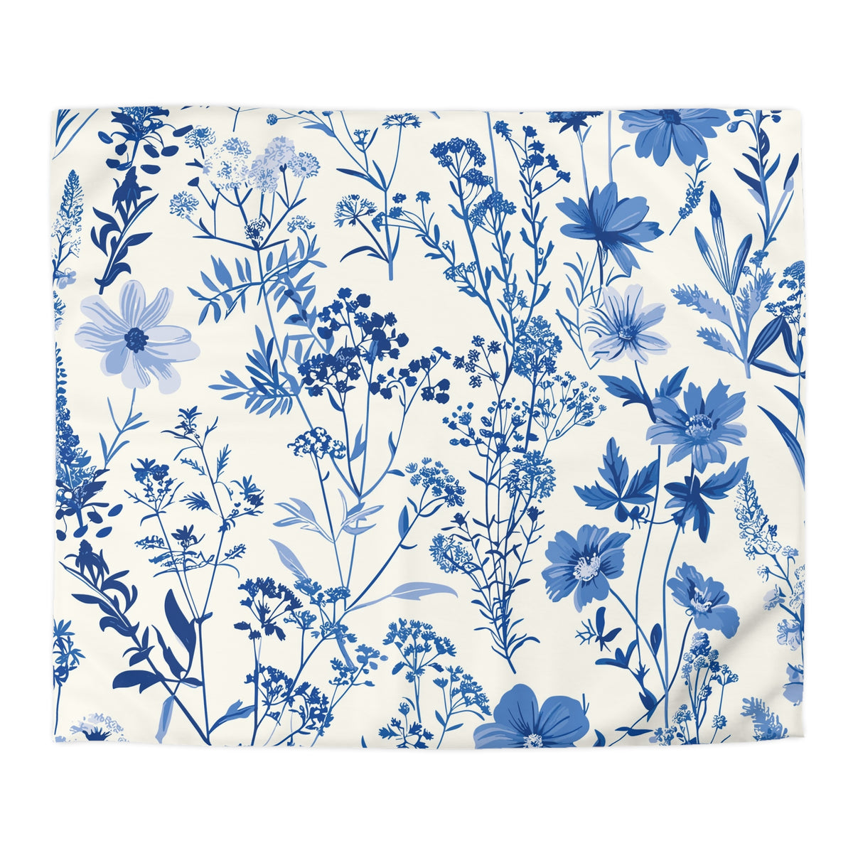 a repeating pattern of blue flowers and leaves on a white background.