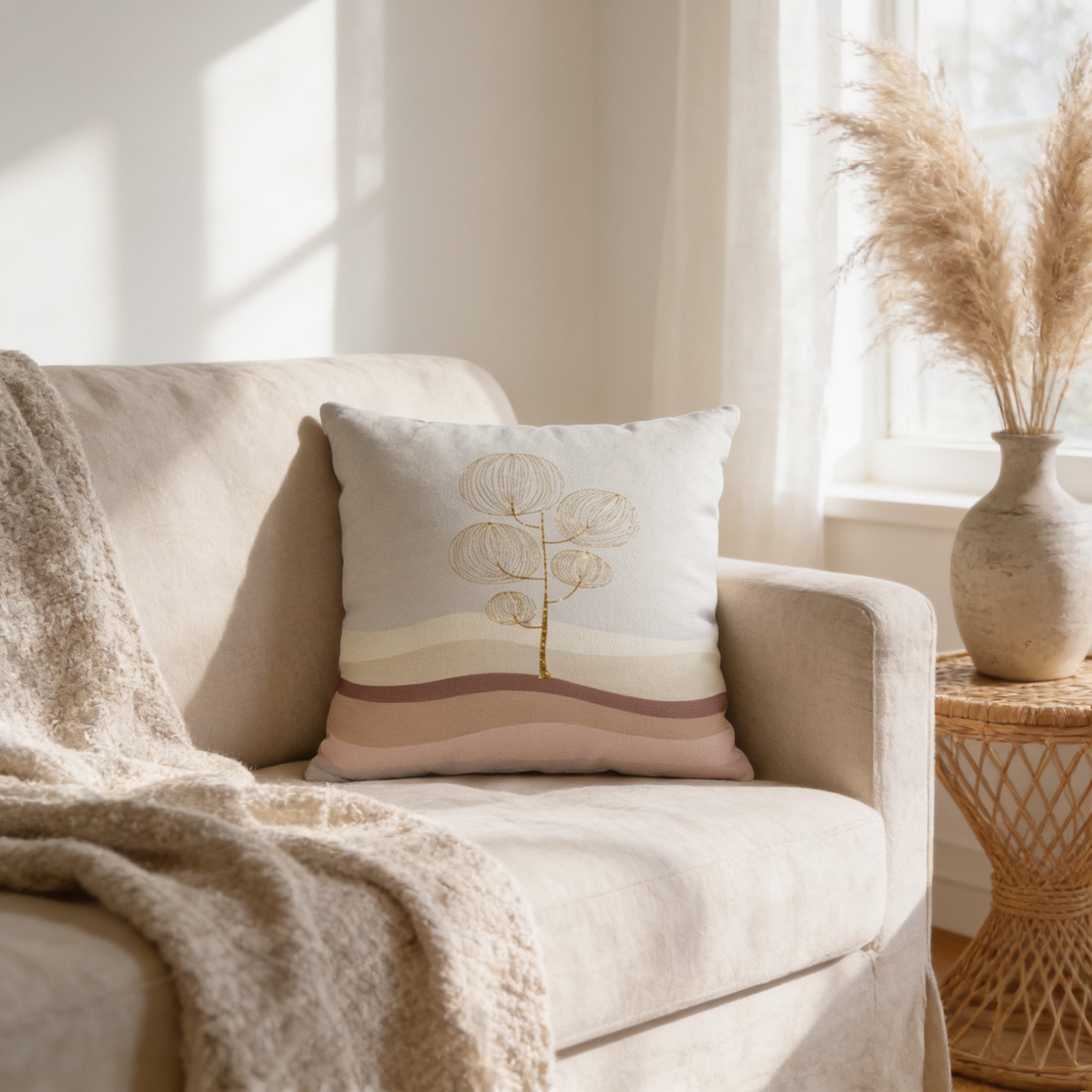 a cozy living room with a beige sofa, a decorative pillow with a tree design, and a woven side table with a vase of dried flowers.