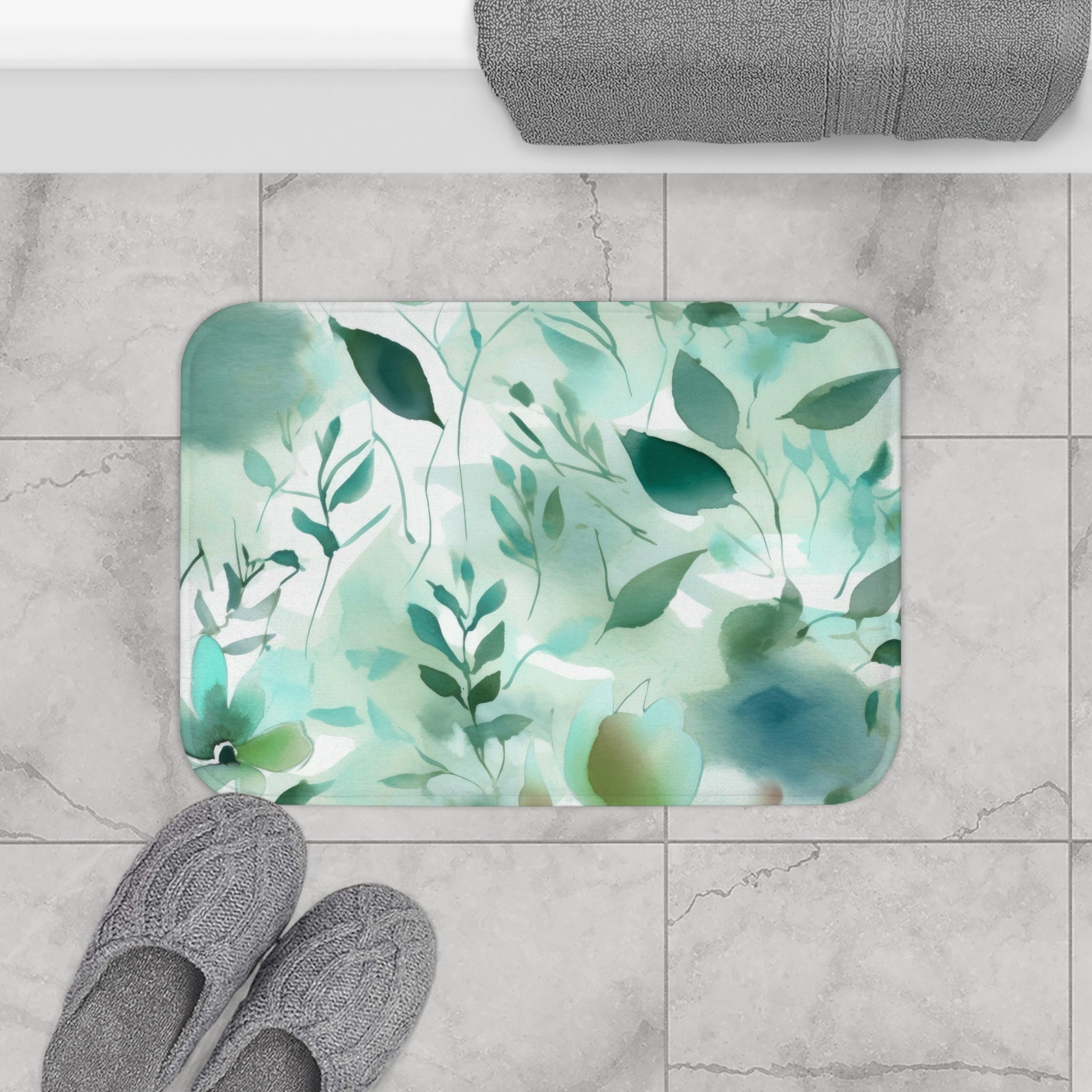 Abstract Bath Mat | Sage Teal Green Floral Kitchen Mat