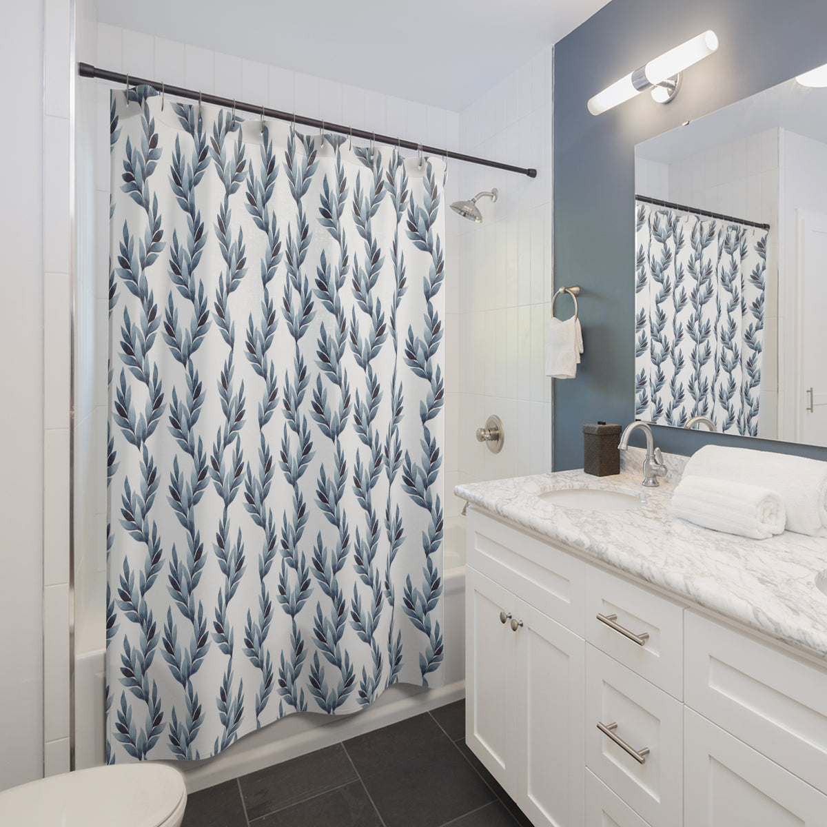 Slate Blue Fern Stripe Shower Curtain, Bath Curtain 71x74