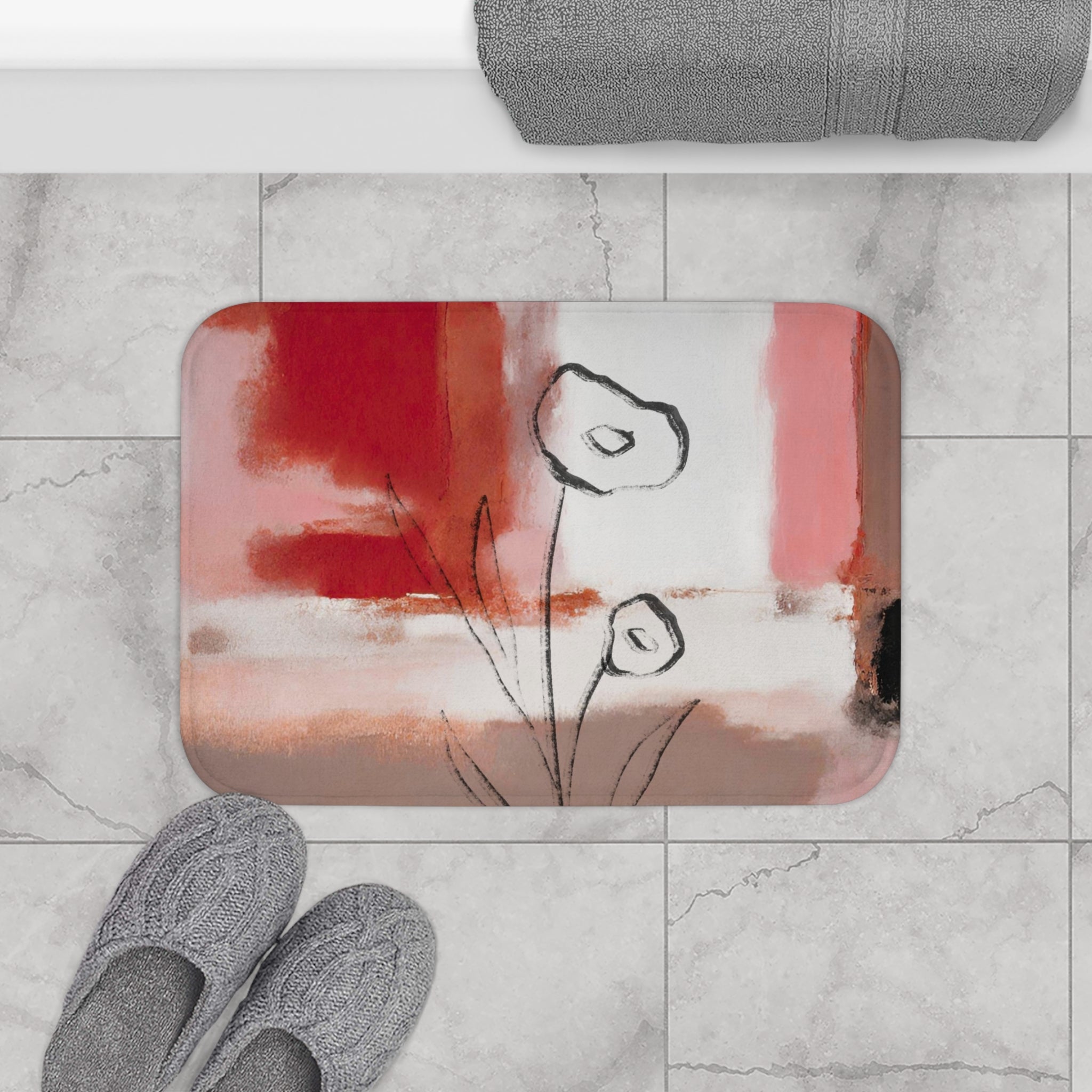 Boho Abstract Bath Mat | Red Pink, Taupe White Line Art Kitchen Mat