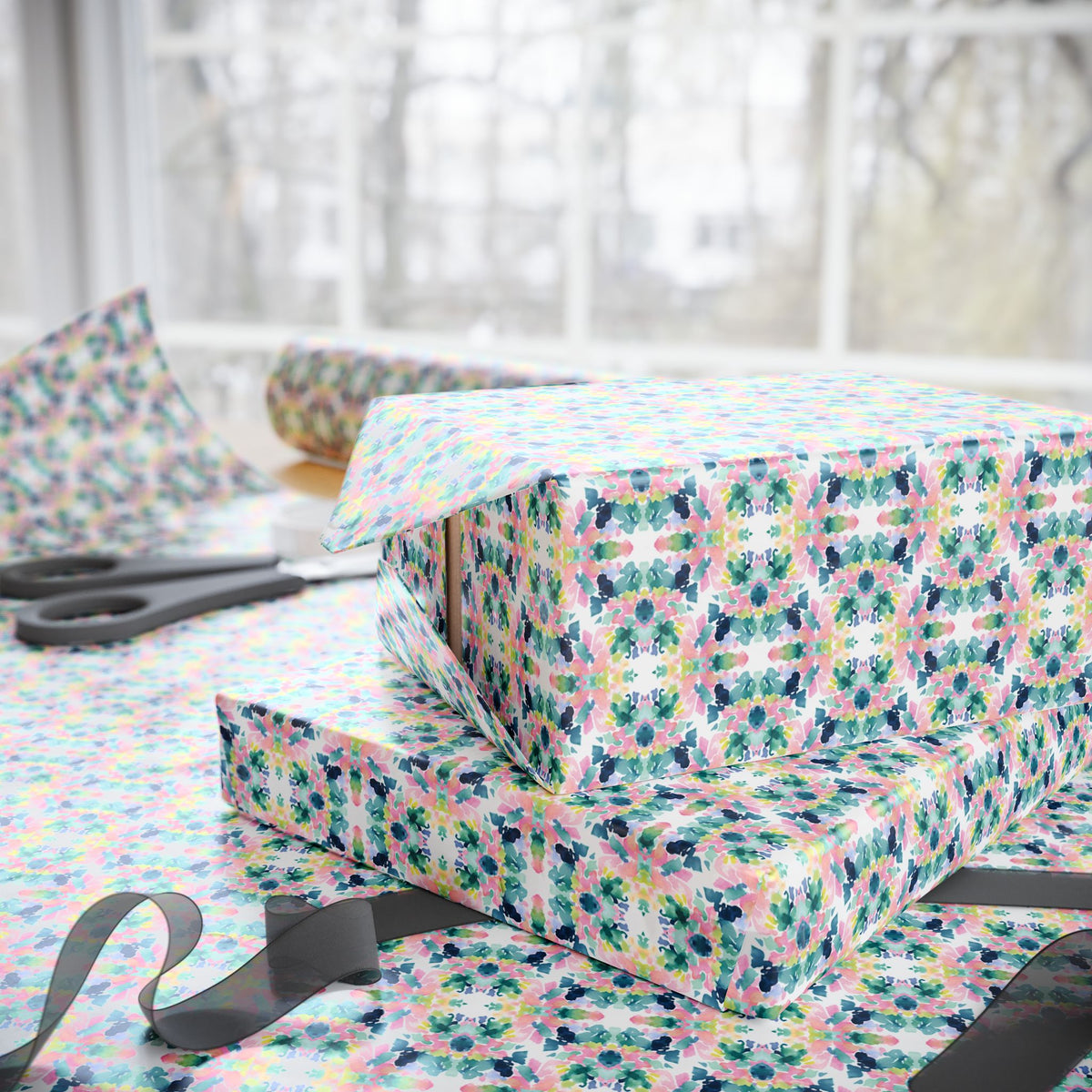 Teal Pink Navy Watercolor Kaleidoscope Wrapping Paper, Gift Wrap