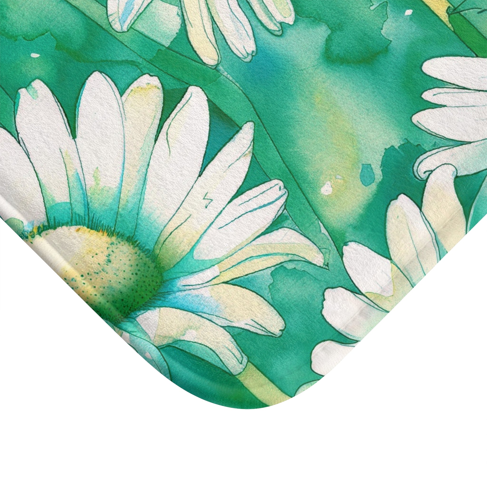 Boho Kitchen, Bath Mat | FloralTeal Sage Green, Daisies Floor Mat