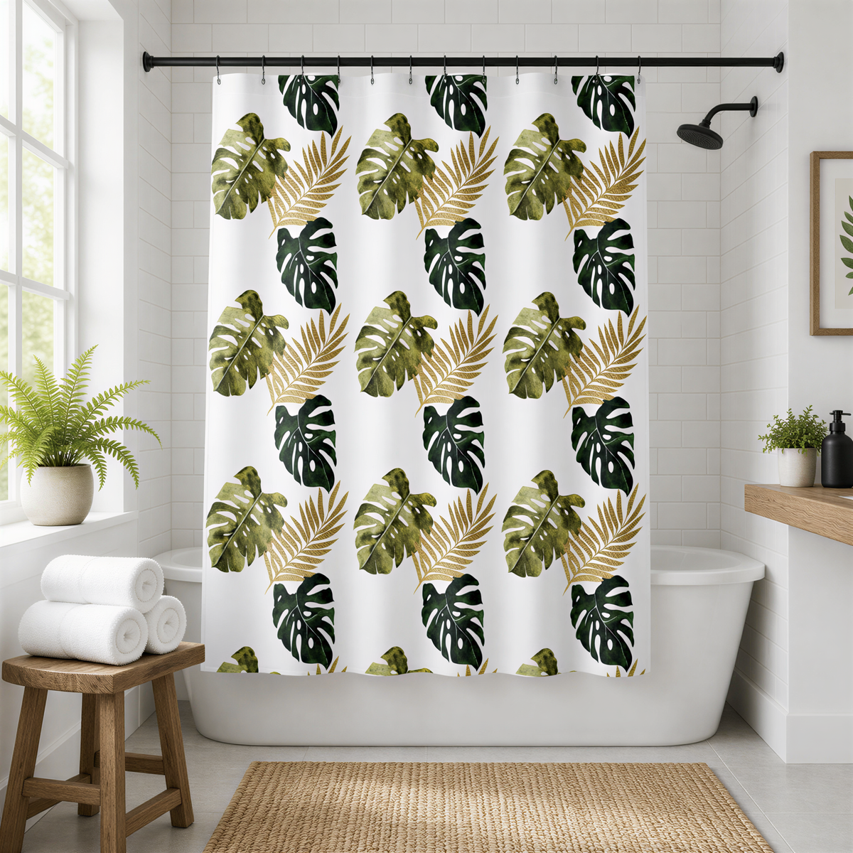 a bathroom with a shower curtain featuring a tropical leaf pattern in shades of green and gold. The shower curtain is hanging from a rod above a white bathtub. The bathroom also includes a wooden stool, a potted plant, and a rug on the floor.