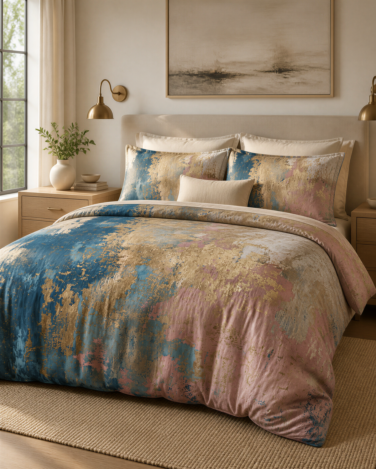 a bedroom with a large bed covered in a colorful, abstract comforter. The bed is flanked by two nightstands, each with a lamp. Above the bed, there is a painting on the wall. The room has a neutral color scheme with beige walls and a wooden floor.