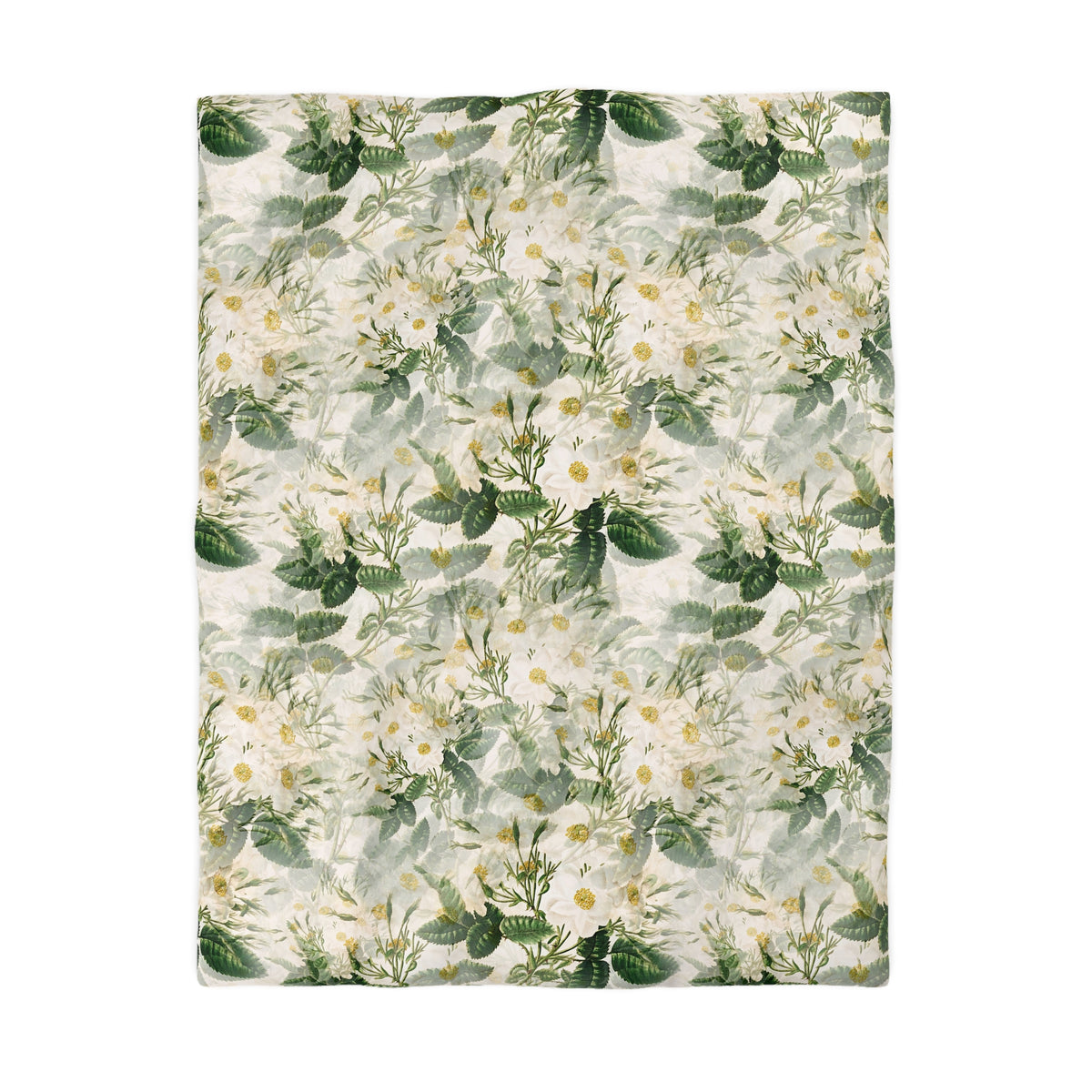 a repeating floral pattern with white flowers and green leaves on a white background.