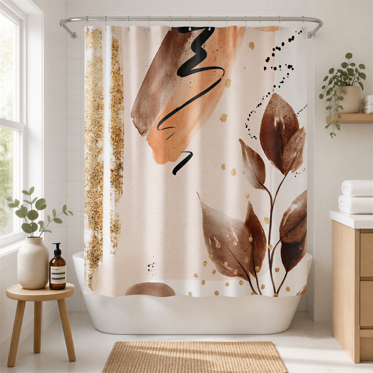 a bathroom with a shower curtain adorned with abstract floral designs in shades of brown and orange. The shower curtain is hanging from a rod, and there are some plants and decorative items in the room, such as a vase and a rug.