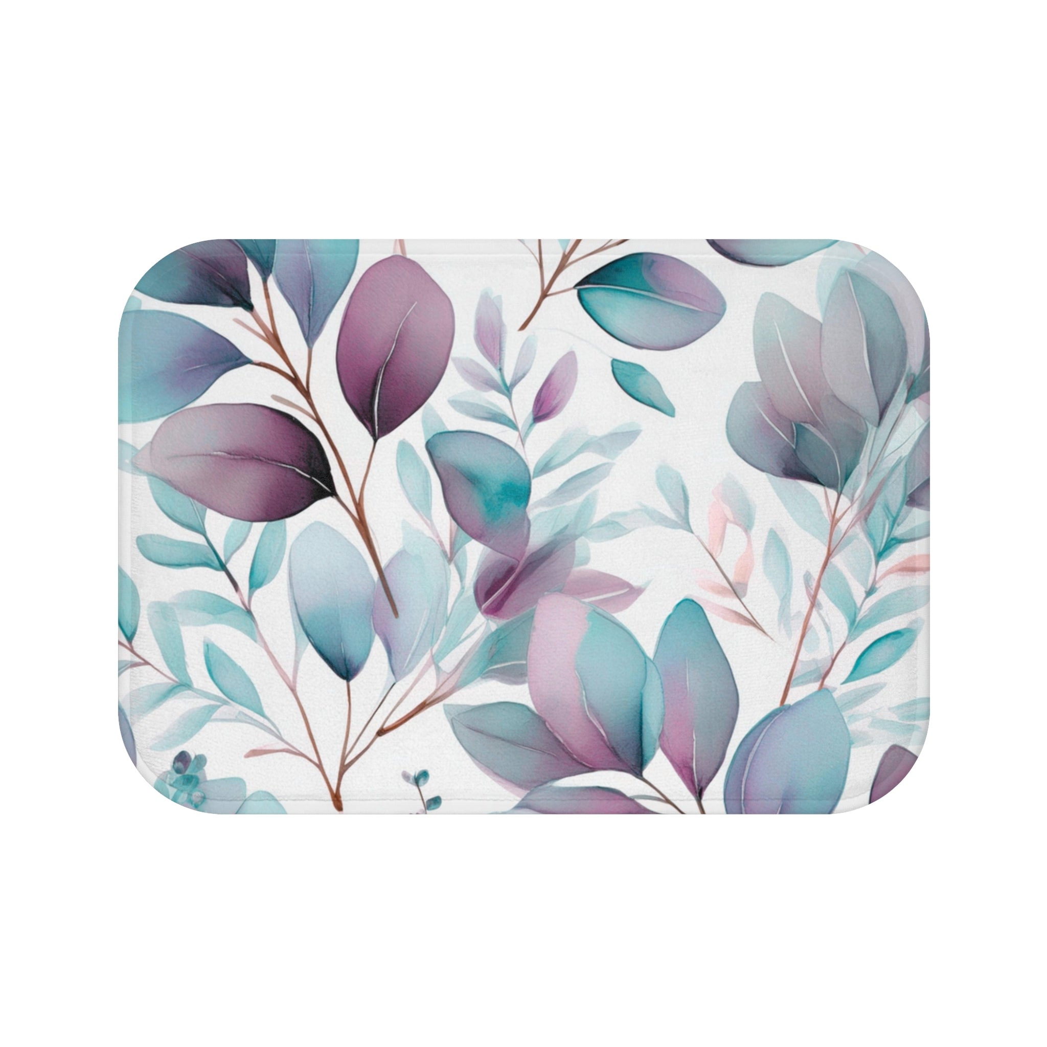 Floral Bath Mat | Teal Mauve White Leaves Kitchen Mat