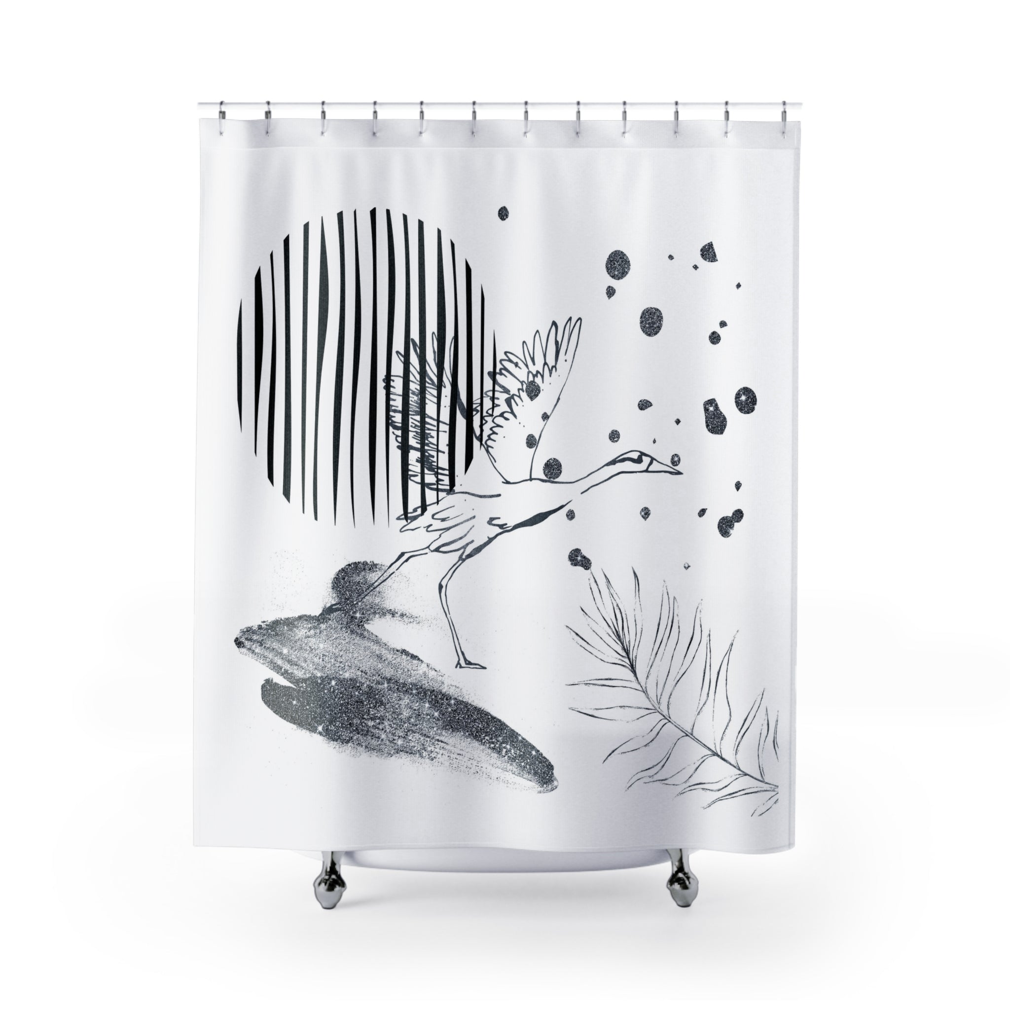 Boho Shower Curtain | Crane Bird, White Grey Black