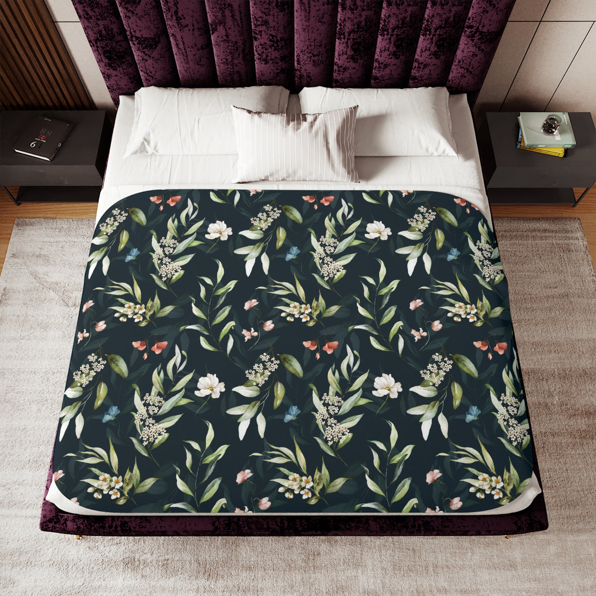 Navy Blue Wildflower Sherpa Blanket | Sage Coral Floral Throw
