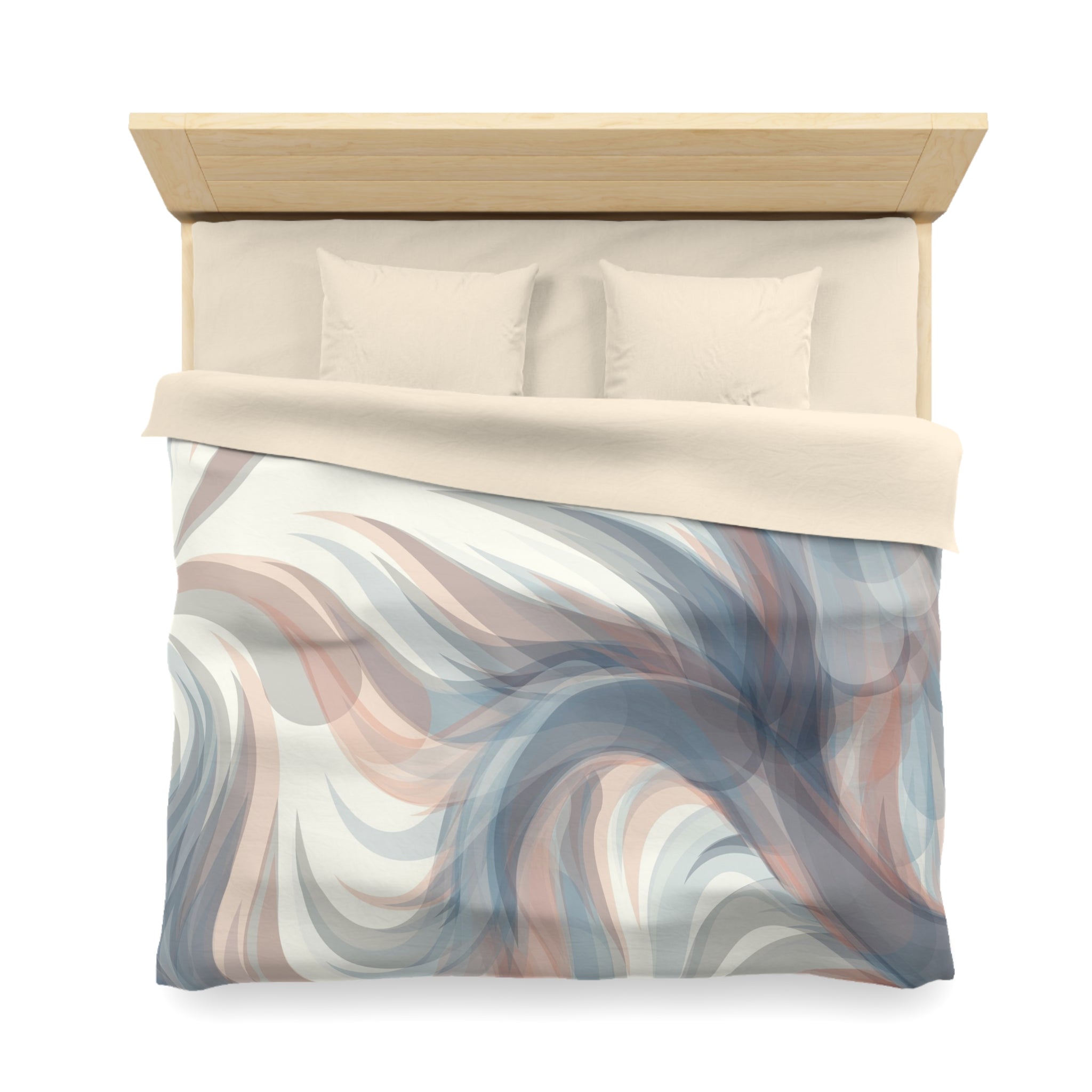 a bed with a wooden headboard and a colorful abstract patterned comforter.