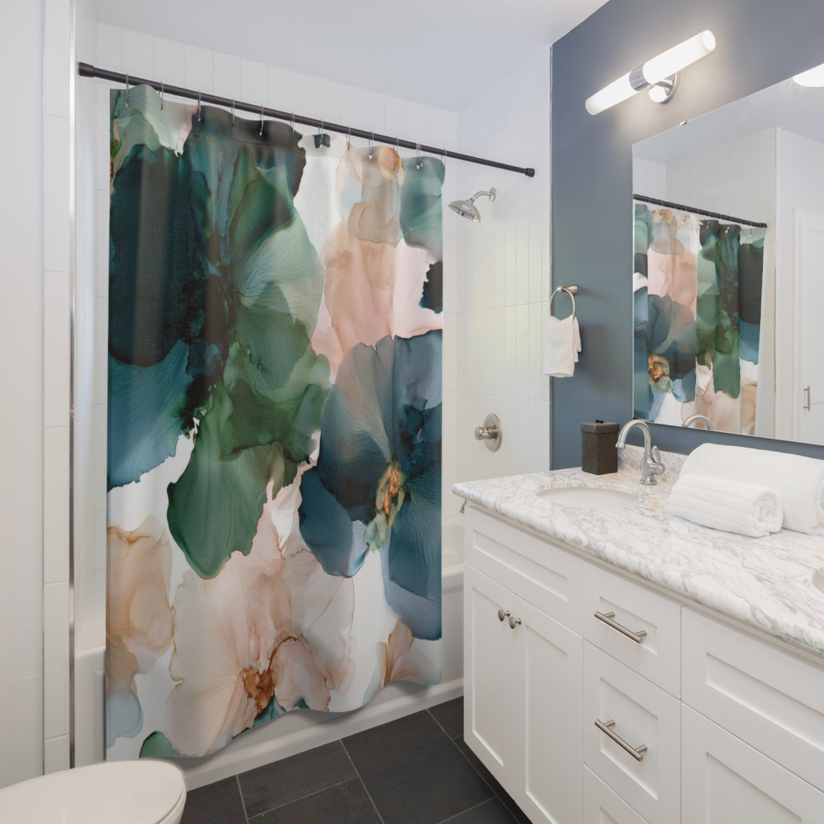 a bathroom with a shower curtain and a sink