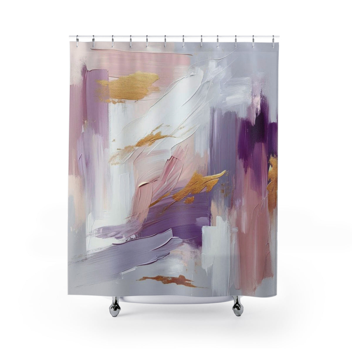 an abstract painting with a mix of pink, purple, and white colors, along with gold accents. The painting appears to be a large canvas or a shower curtain with a colorful abstract design.