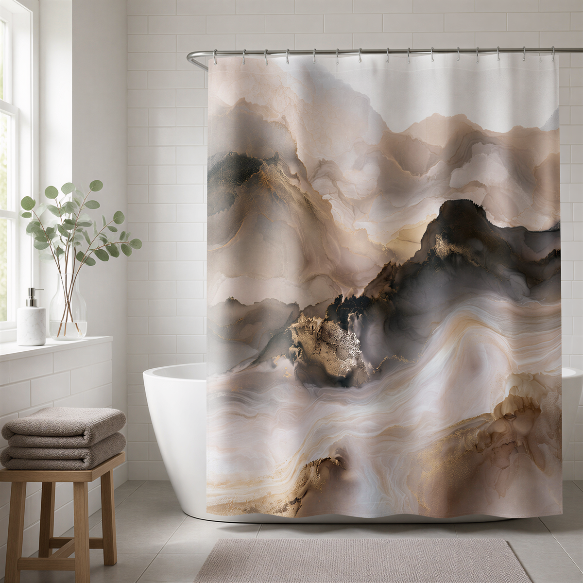 a bathroom with a large abstract painting of mountains on the wall behind a shower curtain. The painting has a mix of light and dark colors, creating a sense of depth and texture. The bathroom also includes a wooden stool, a potted plant, and a white bathtub.