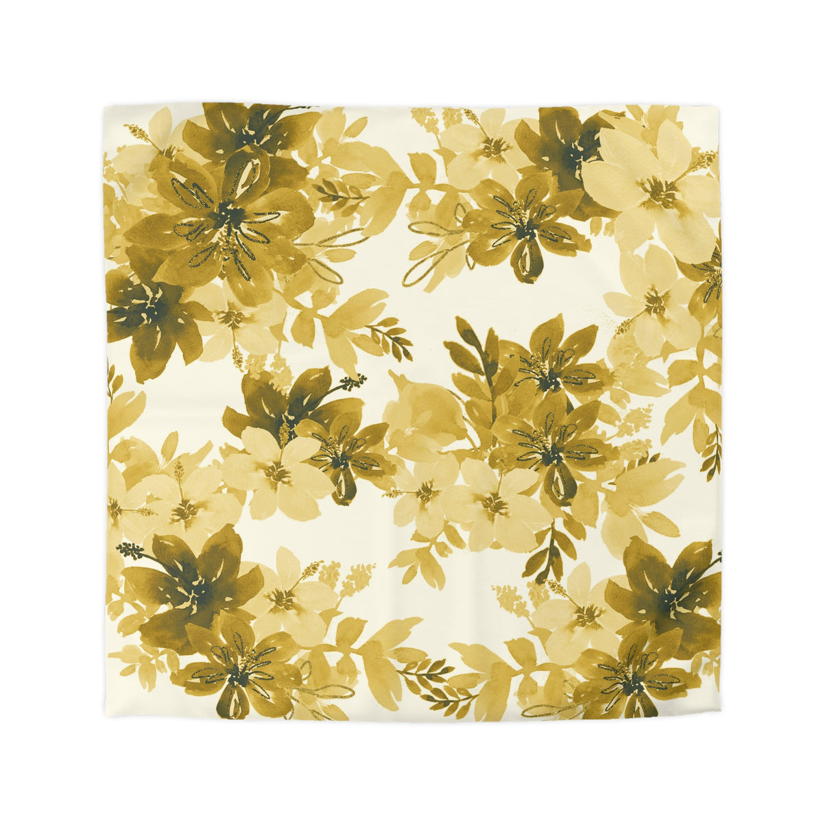 a repeating pattern of yellow flowers and green leaves on a white background.
