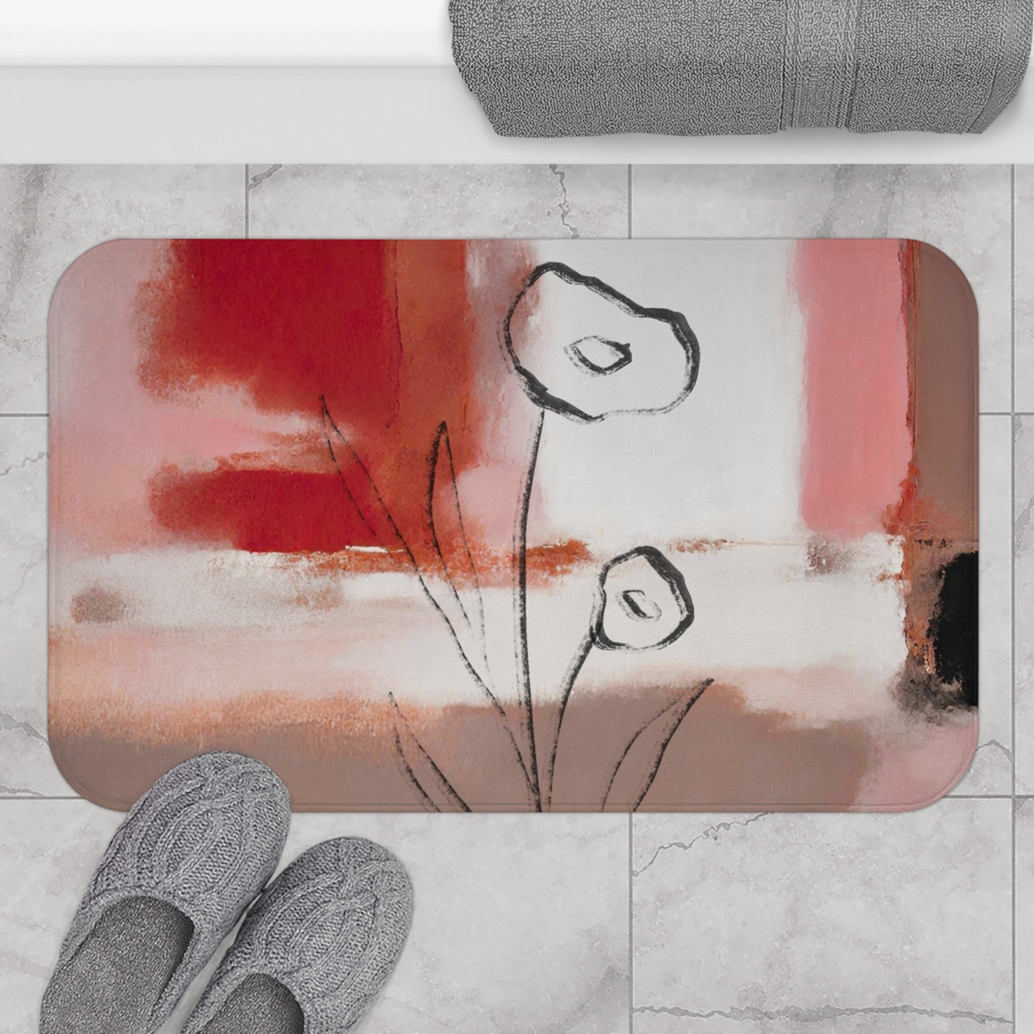 Boho Abstract Bath Mat | Red Pink, Taupe White Line Art Kitchen Mat
