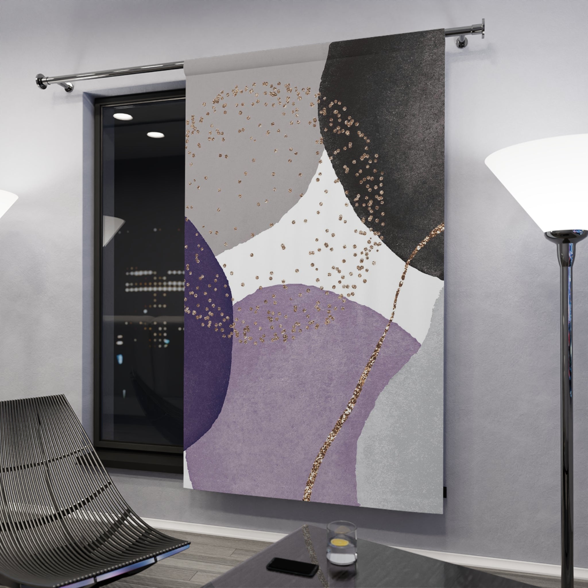 Abstract Window Curtain | Modern Black Lavender Purple, Grey Bathroom