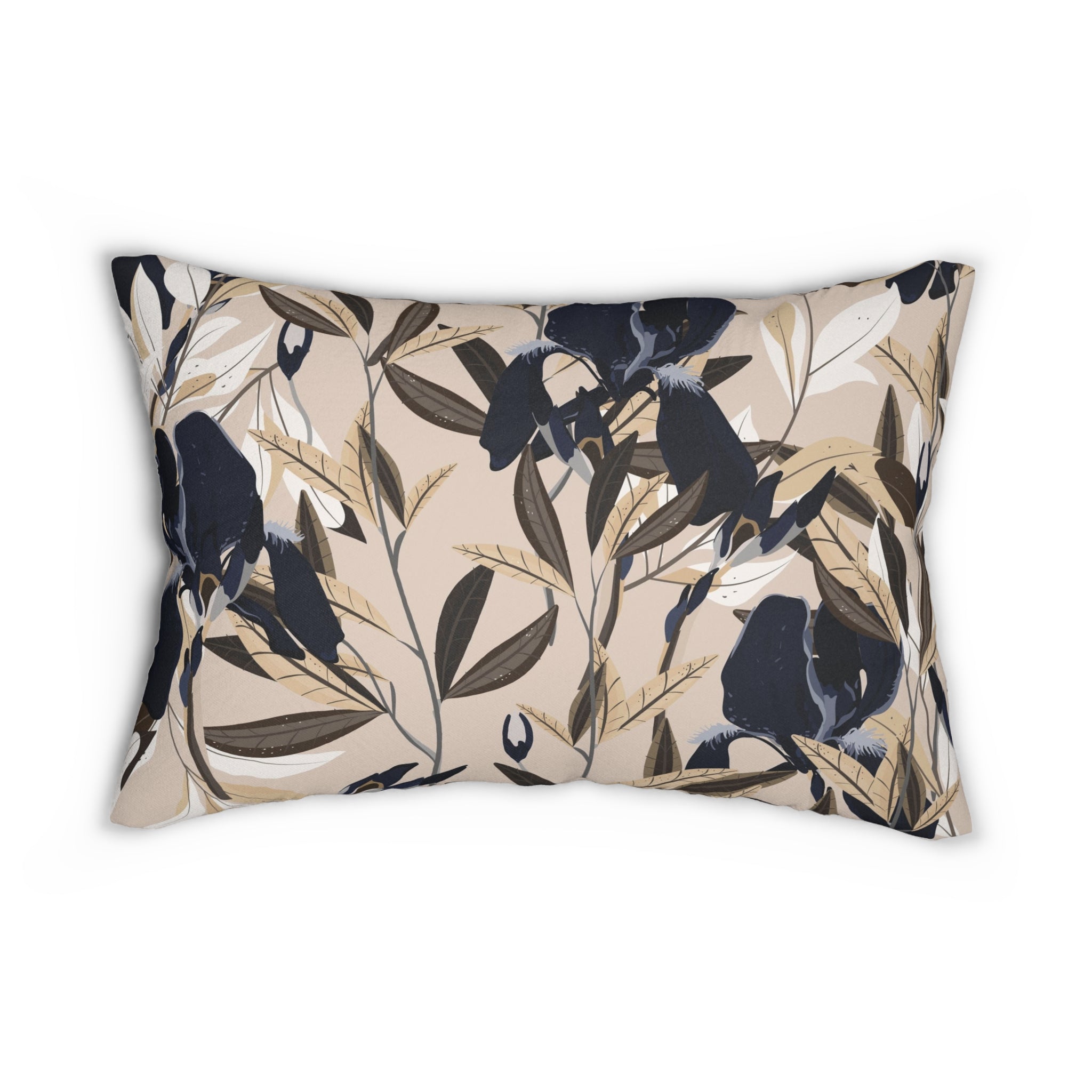 Floral Lumbar Pillow | Navy Blue Lilies, Tan Beige Botanical