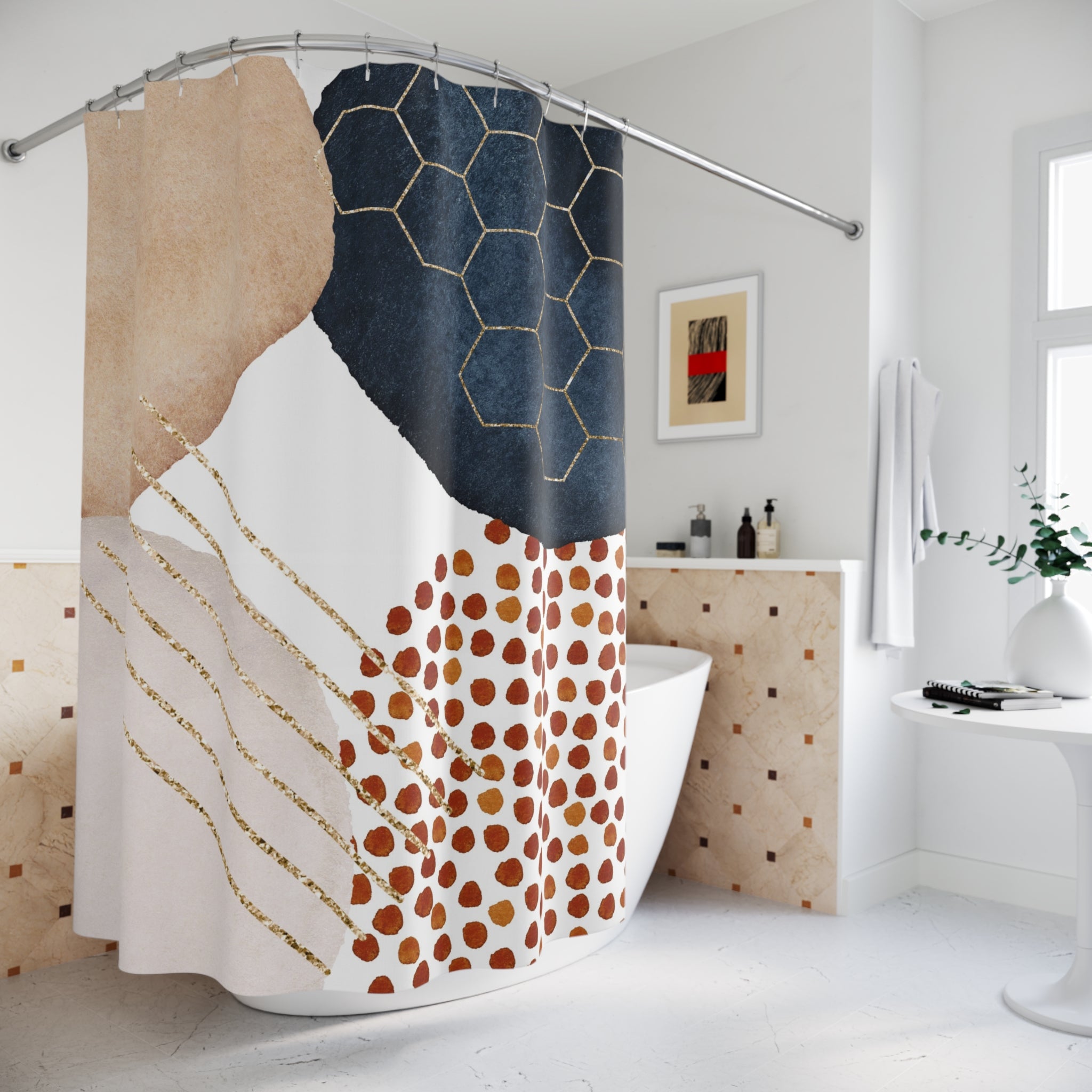 Boho Abstract Shower Curtain | Navy Blue, Beige White