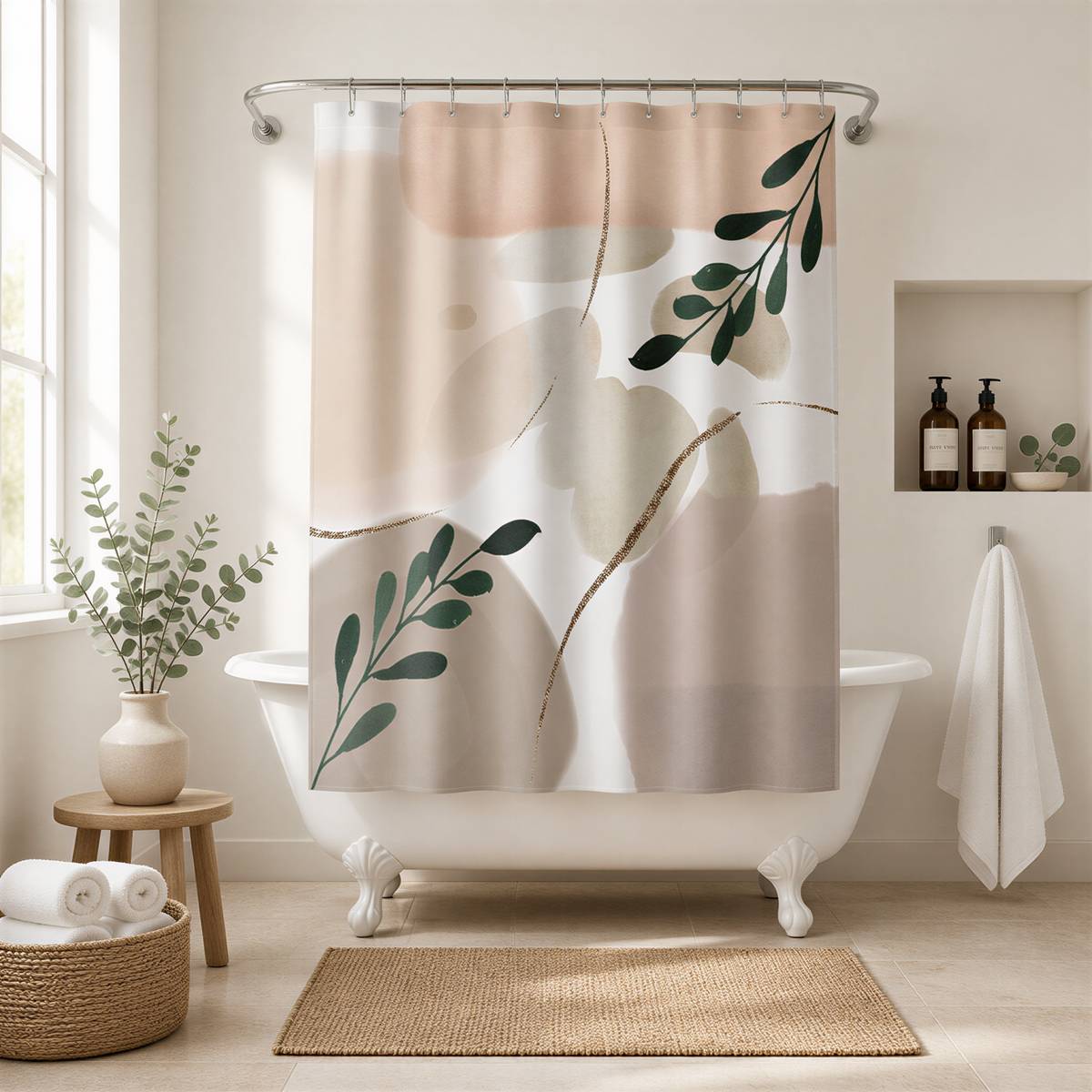 a bathroom with a white clawfoot bathtub, a shower curtain with a leaf design, and a small table with a plant.