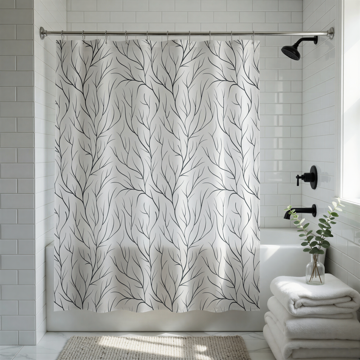 a bathroom with a shower curtain featuring a black and white tree pattern, a white bathtub, and a stack of white towels.