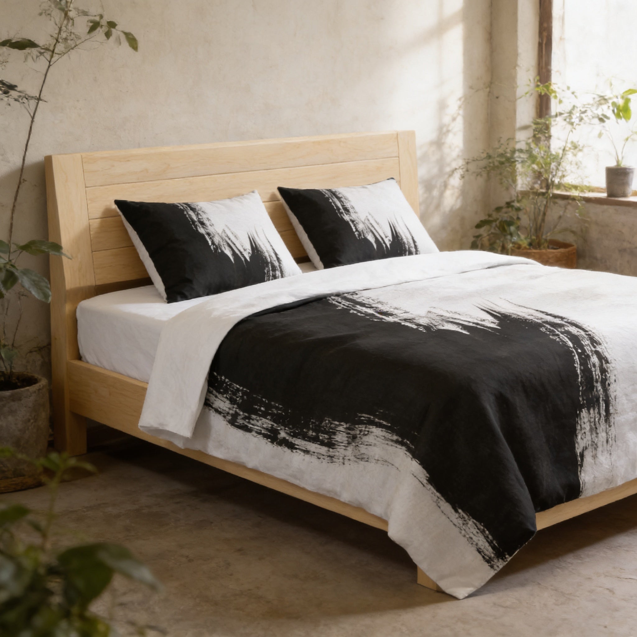 a modern bedroom with a wooden bed frame, a black and white patterned comforter, and two matching pillows. The room has a minimalist and clean design, with a window providing natural light and a plant adding a touch of greenery.