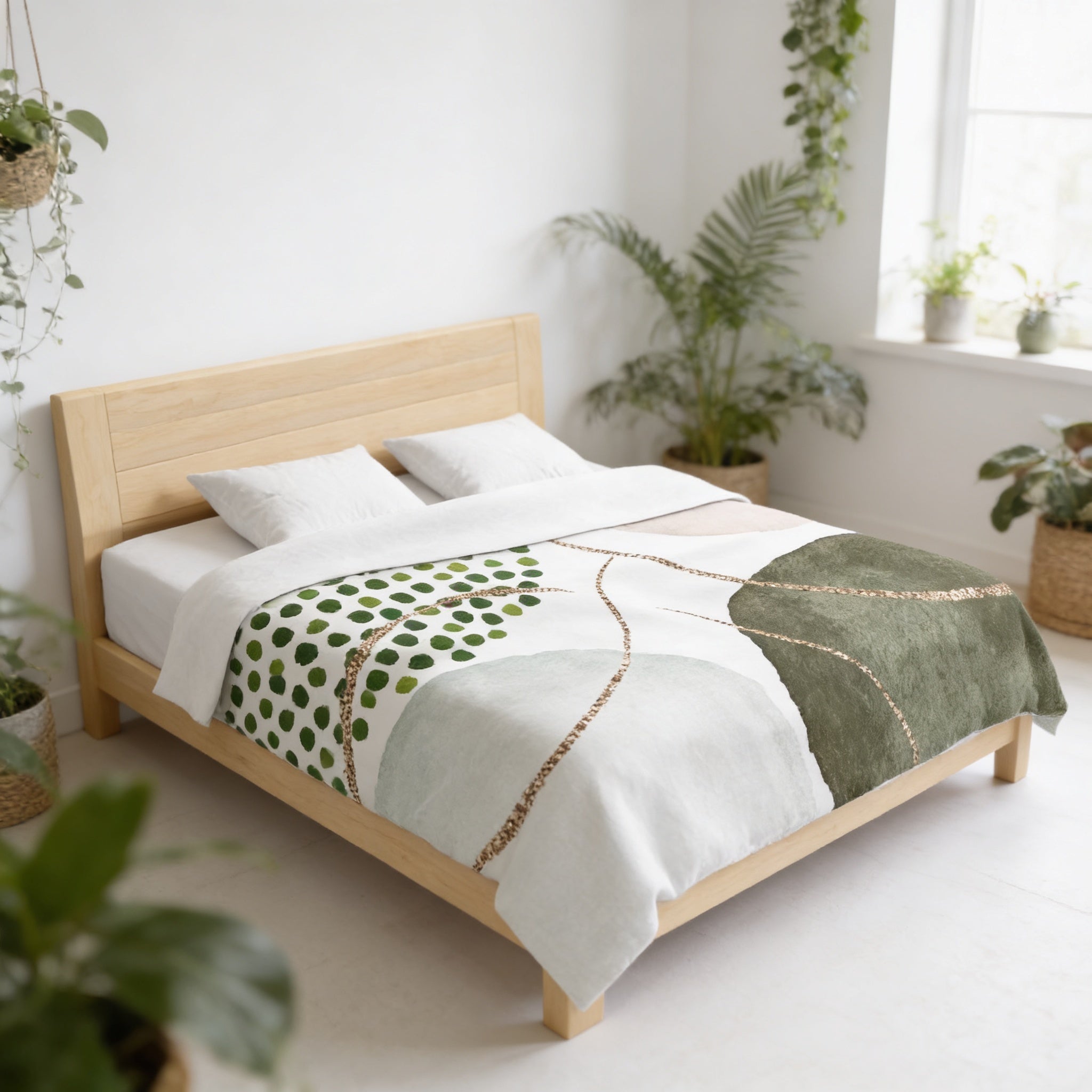 a serene and cozy bedroom with a wooden bed frame, a white and green patterned duvet cover, and several potted plants surrounding the room.