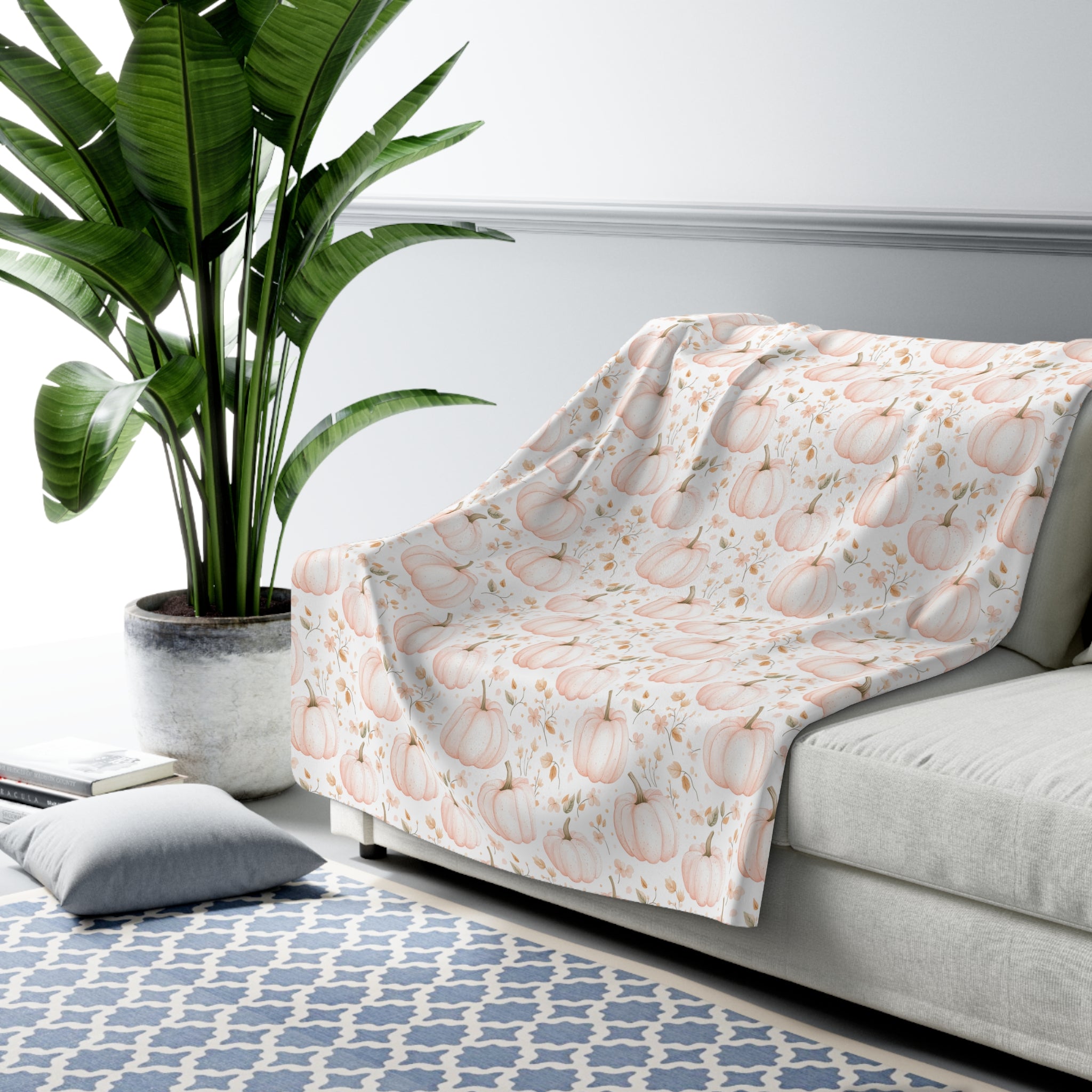 Fall Autumn Throw Blanket | Blush Pink White Pumpkin Watercolor