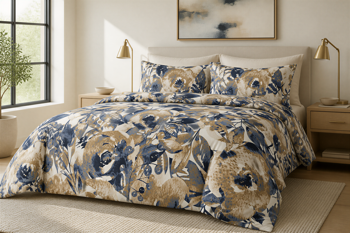 a bedroom with a large bed covered in a floral print comforter and pillows. The bed is positioned against a wall with a window, and there are two nightstands on either side of the bed. The room has a neutral color scheme with a floral patterned bedspread and a neutral color palette.