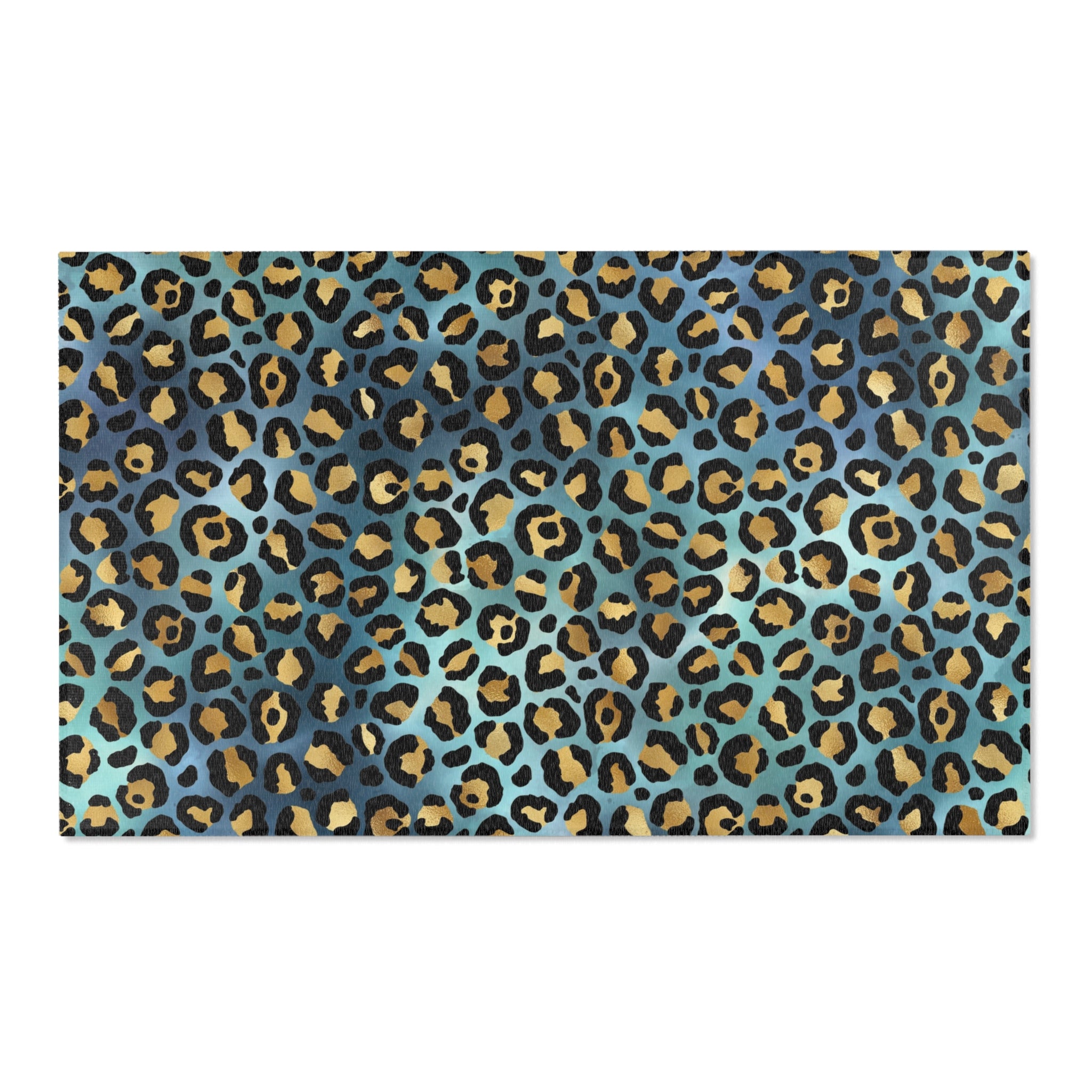 Blue Large Area Rug | Gold Beige, Teal Green Animal Print