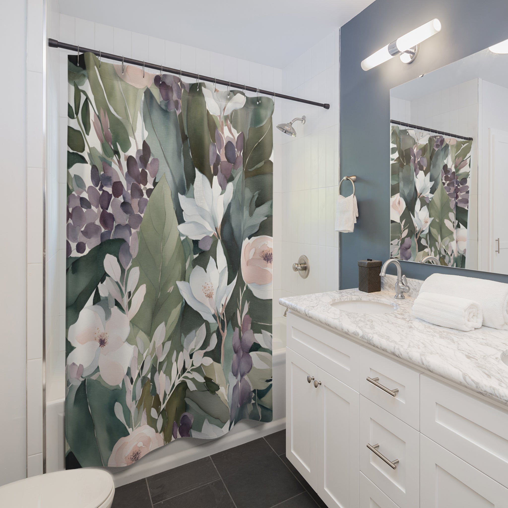 Abstract Shower Curtain | Floral Sage Green, White Pink Purple Flowers