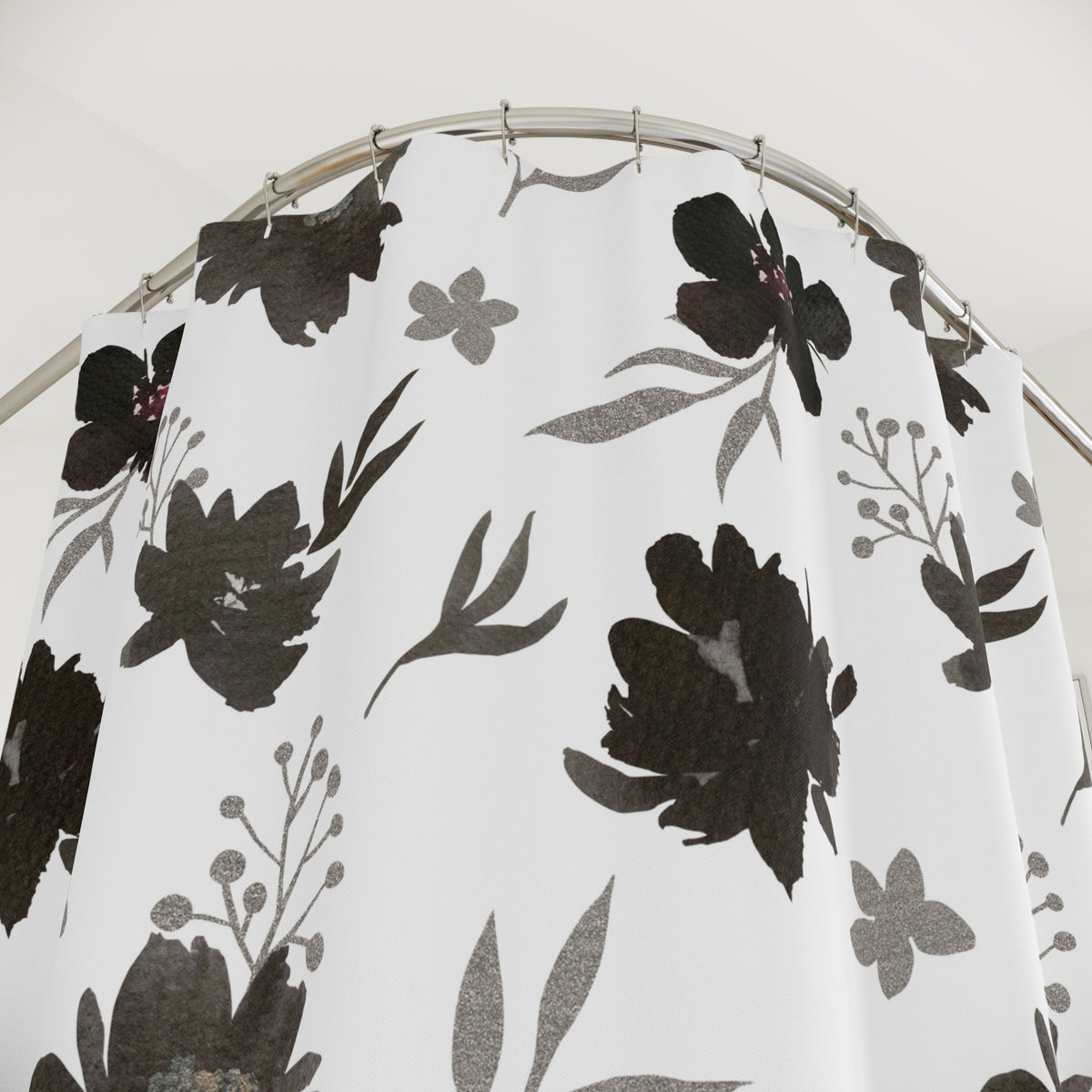 Black Grey Watercolor Floral Shower Curtain, Bath Curtain 71x74