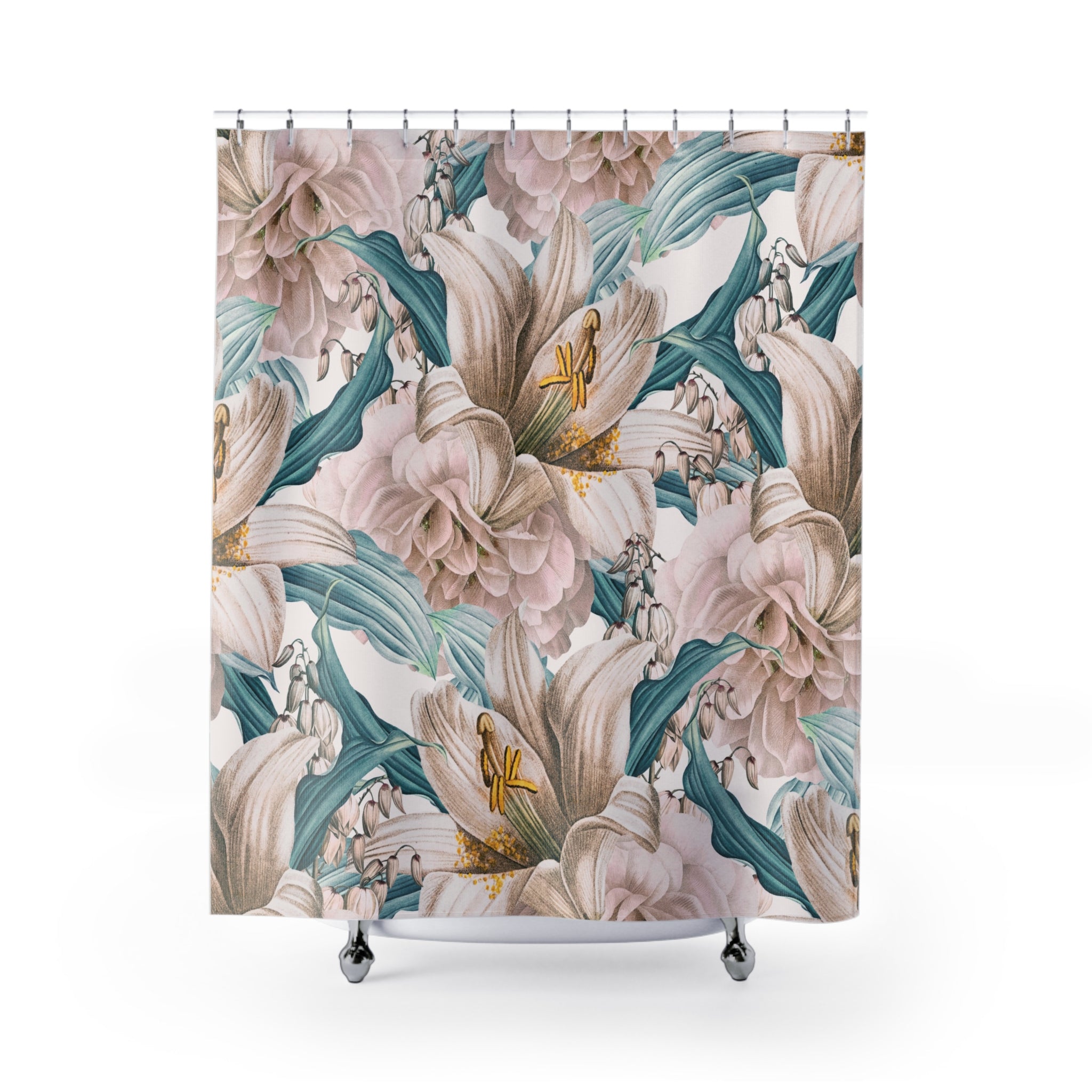 Vintage Watercolor Shower Curtain | Jungle Floral Blush Pink, Teal Blue