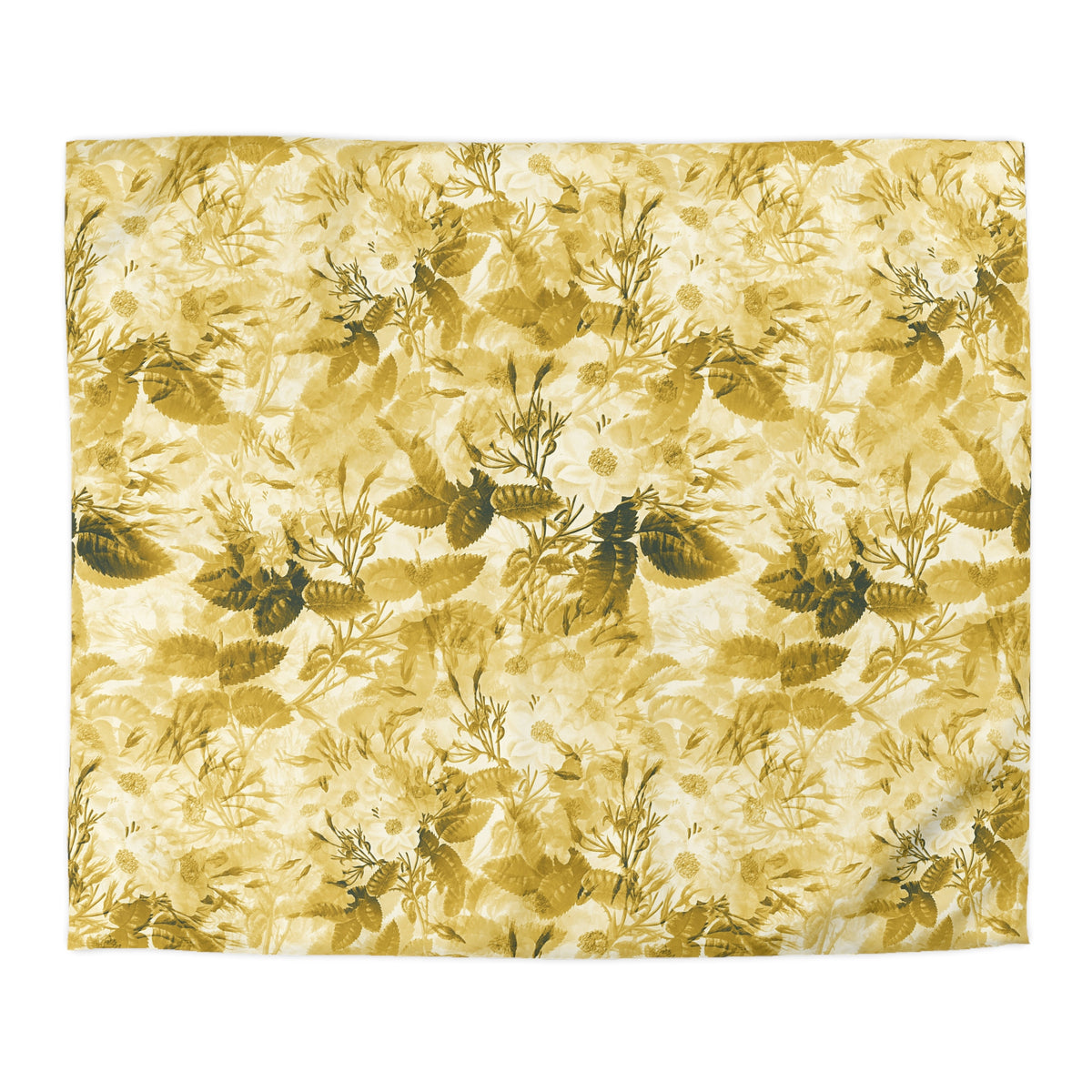 a square-shaped fabric with a repeating floral pattern in shades of yellow and green. The pattern consists of various leaves and flowers arranged in a visually appealing manner, creating a sense of depth and texture.