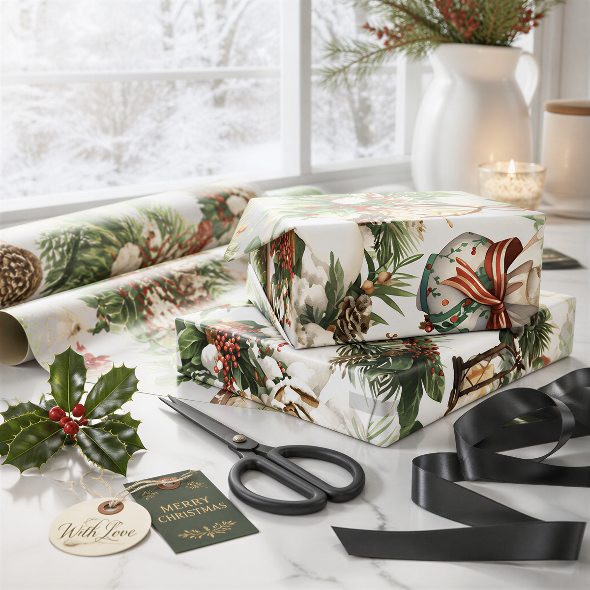 a festive Christmas scene with wrapped gifts, a pair of scissors, a holly leaf, and a card with a "Merry Christmas" message. The scene is set against a snowy background, creating a cozy and holiday atmosphere.