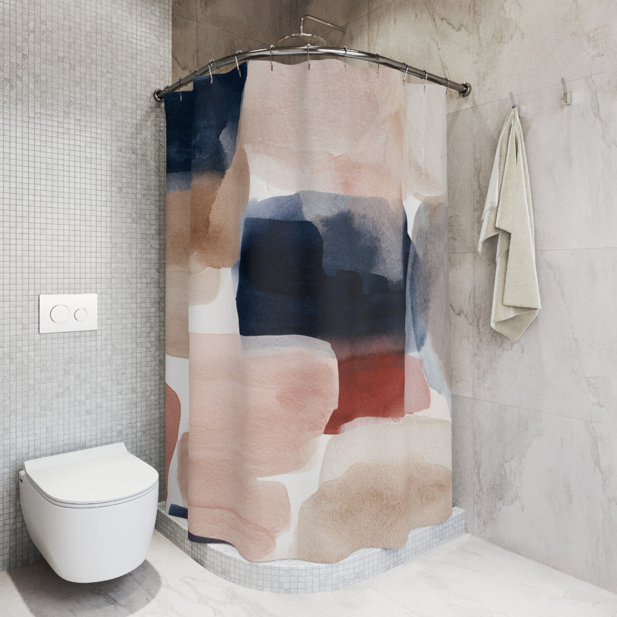 Navy Blush Modern Color Block Shower Curtain, Bath Curtain