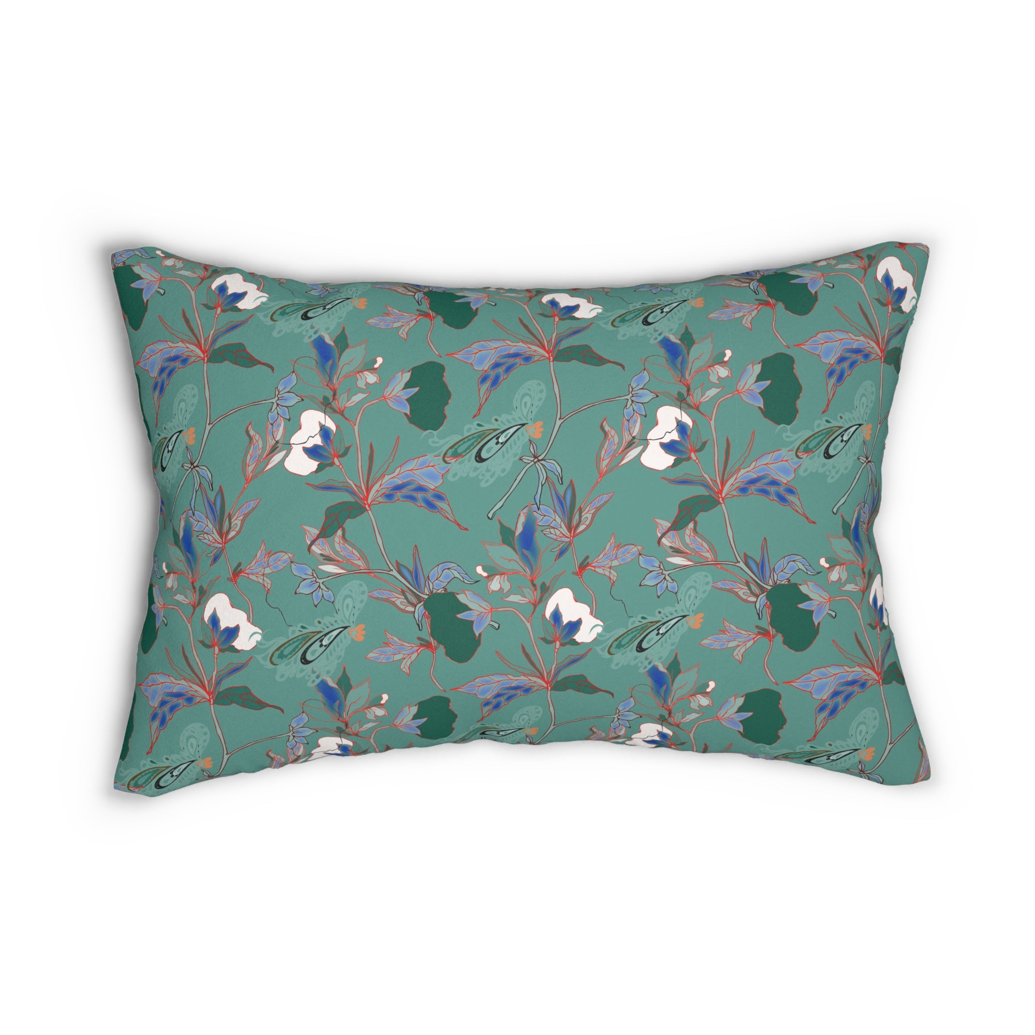 Floral Lumbar Pillow | Sage Sea Green, White Blue Red, Botanical