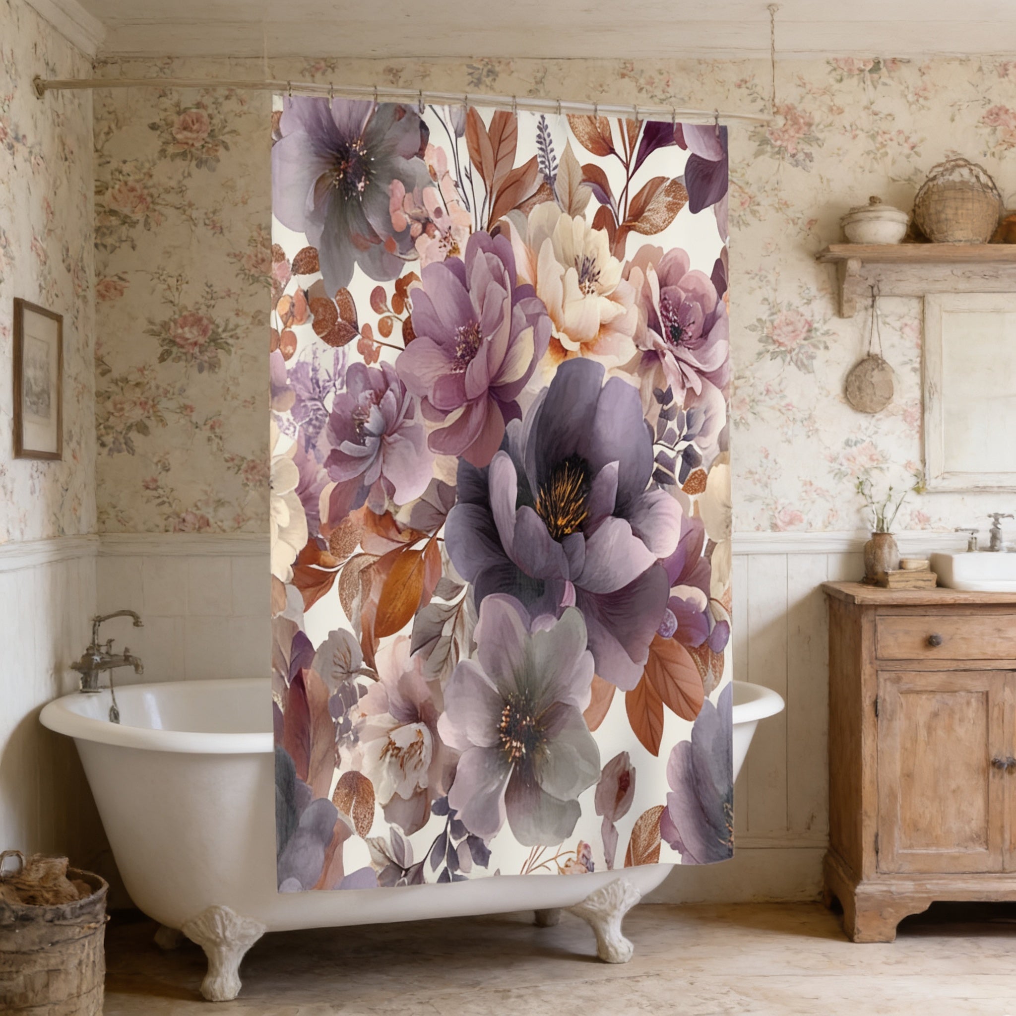 a bathroom with a white clawfoot bathtub, a floral shower curtain, and a wooden cabinet.