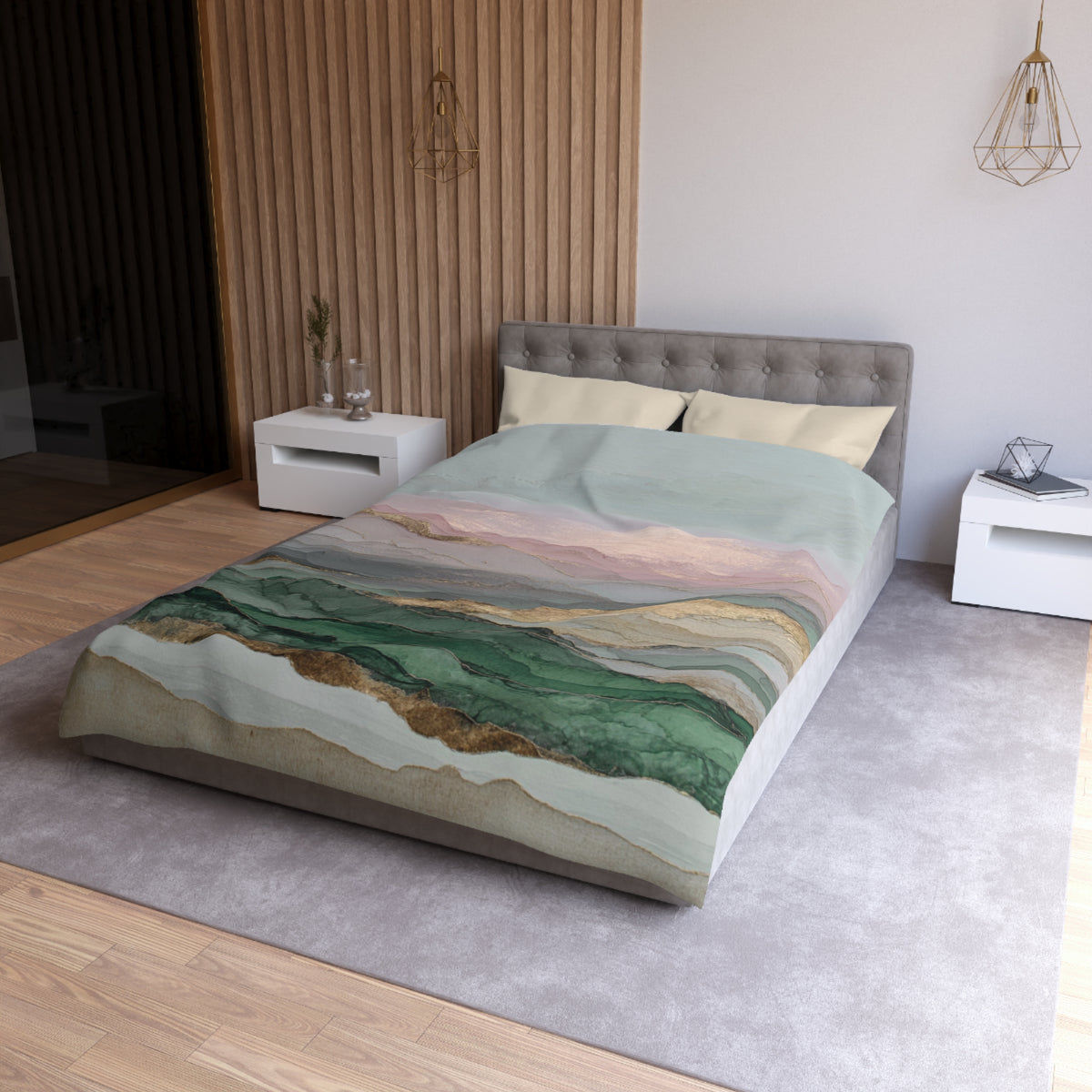 a modern bedroom with a large bed, a gray headboard, and a colorful bedspread featuring a mountain landscape design.