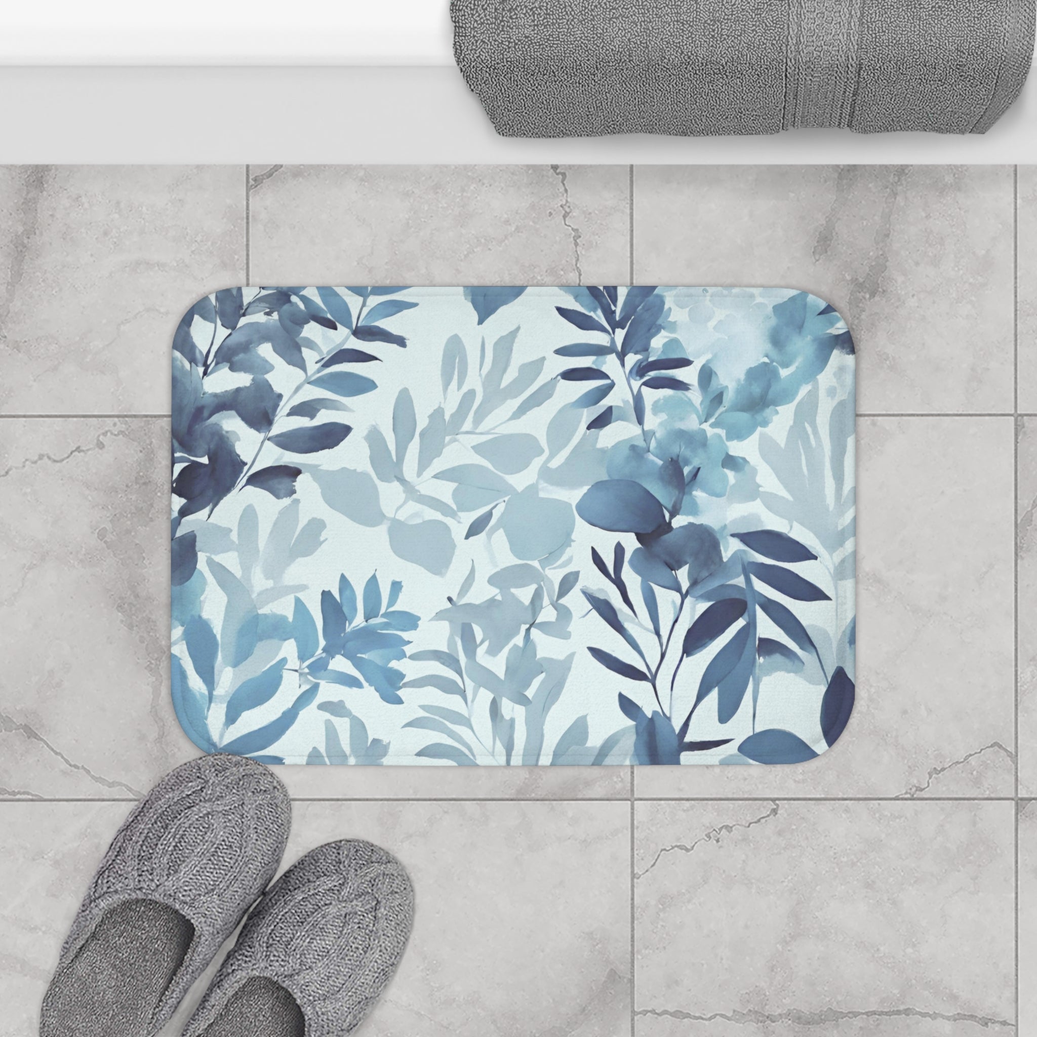 Boho Kitchen, Bath Mat | Floral Pale Navy Blue, Eucalyptus Leaves