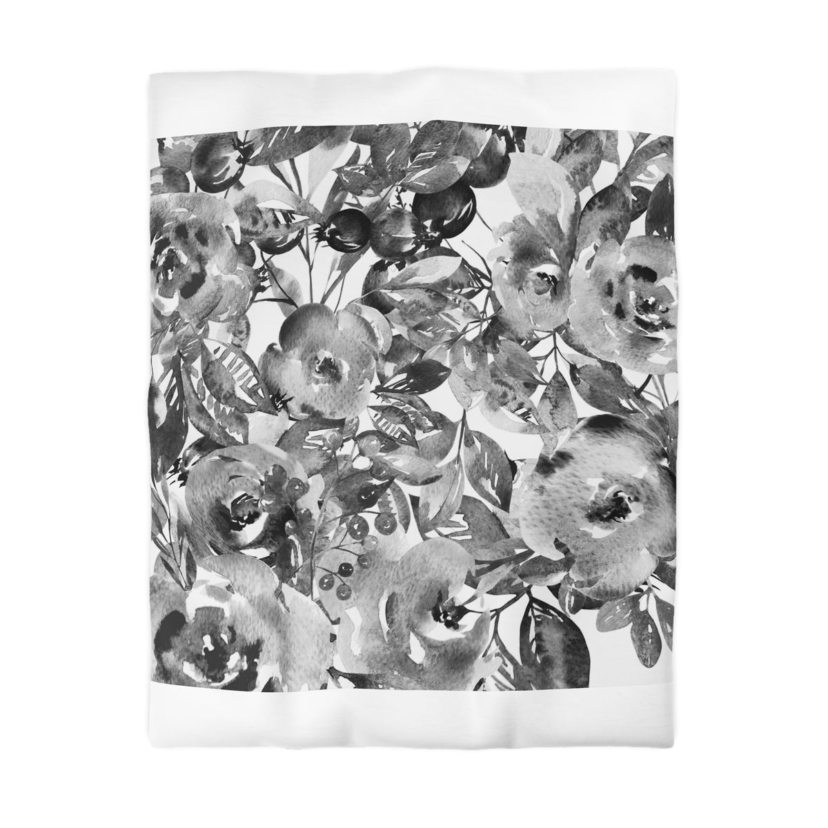 The image is a black and white photograph featuring a variety of flowers and leaves.