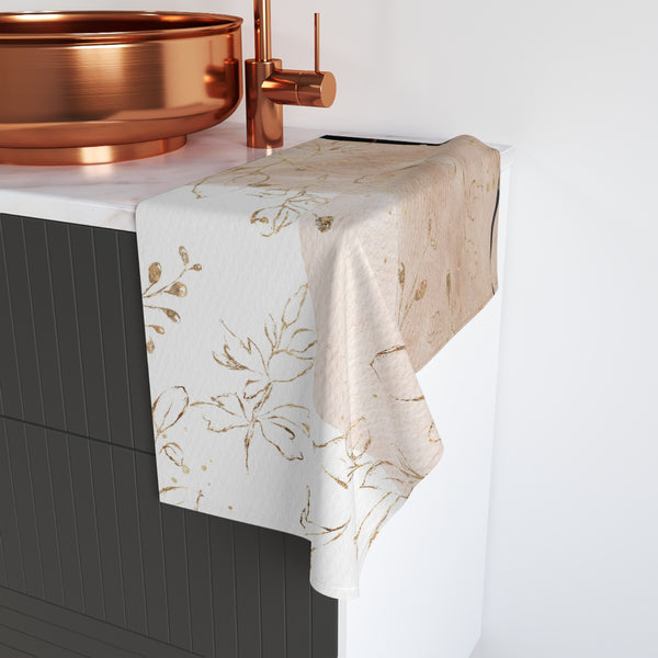 Abstract Kitchen, Bath Hand Towel | Beige White Gold Floral Ombre
