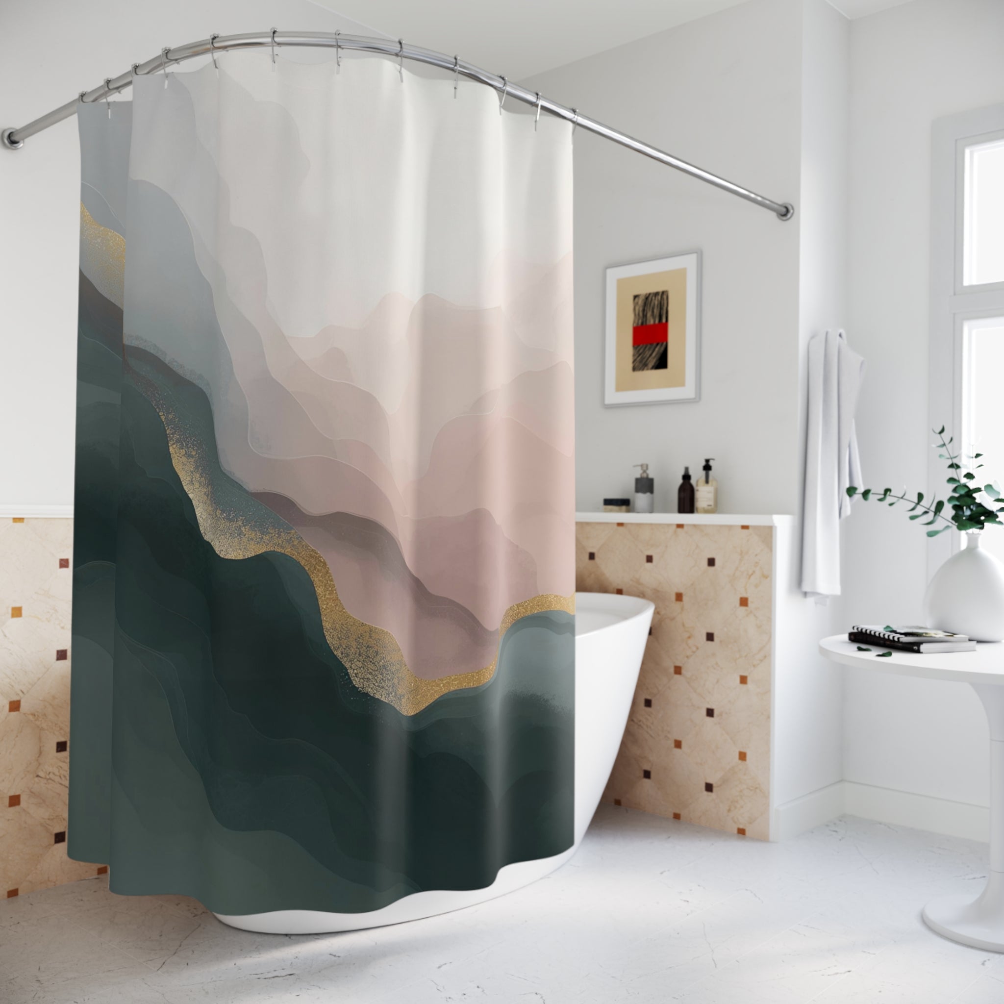Boho Abstract Shower Curtain | Green Blush Pink Ombre Watercolor