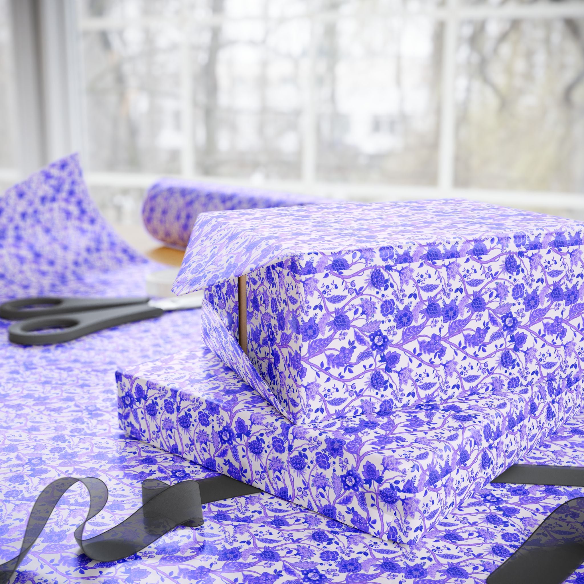 Floral Wrapping Paper, Lavender Blue Chinoiserie for the Holidays, Birthdays