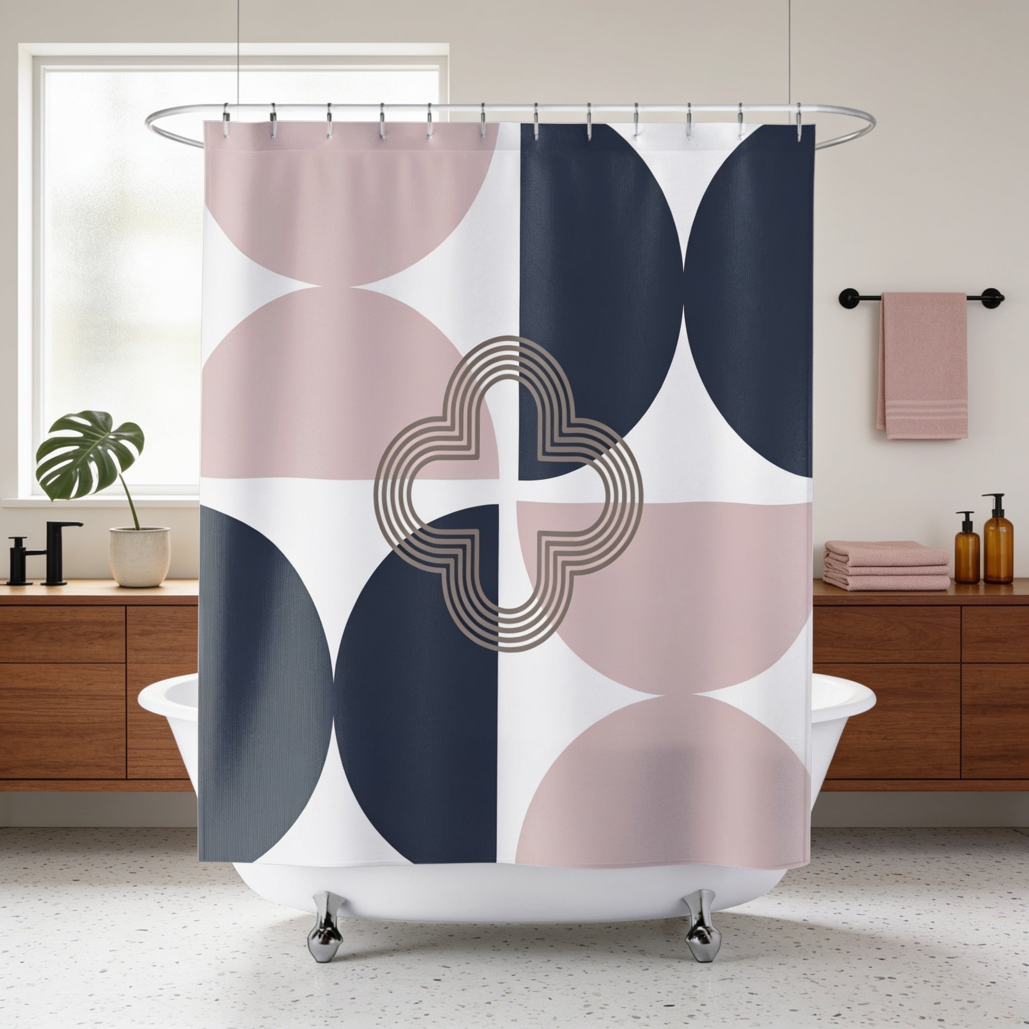 a bathroom with a white bathtub, a shower curtain with a geometric pattern in shades of pink, blue, and white, and a wooden cabinet.